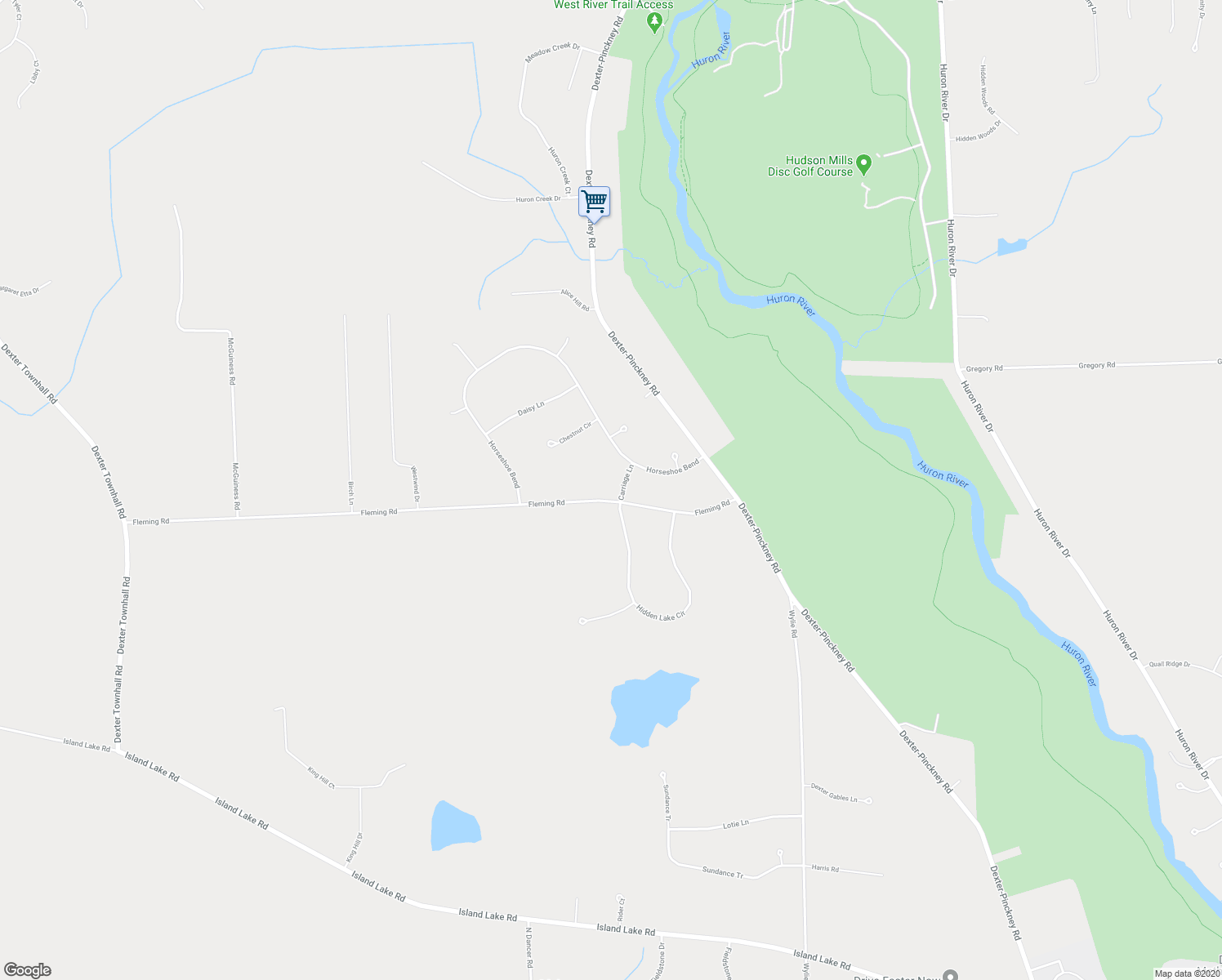 map of restaurants, bars, coffee shops, grocery stores, and more near 5335 Carriage Lane in Dexter