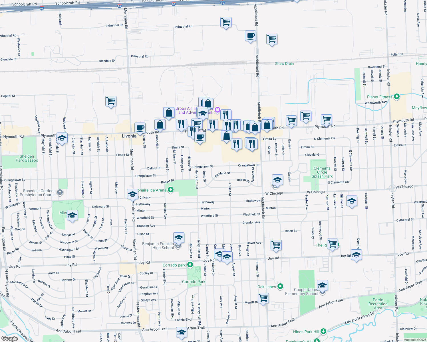 map of restaurants, bars, coffee shops, grocery stores, and more near 9930 Oporto Street in Livonia