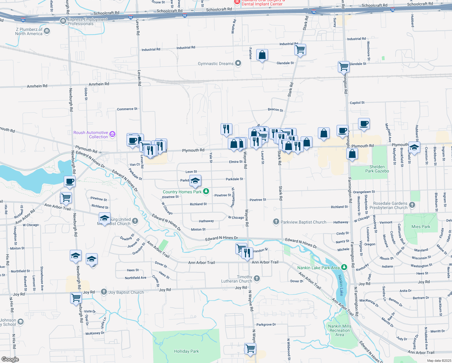 map of restaurants, bars, coffee shops, grocery stores, and more near 35147 Parkdale Street in Livonia