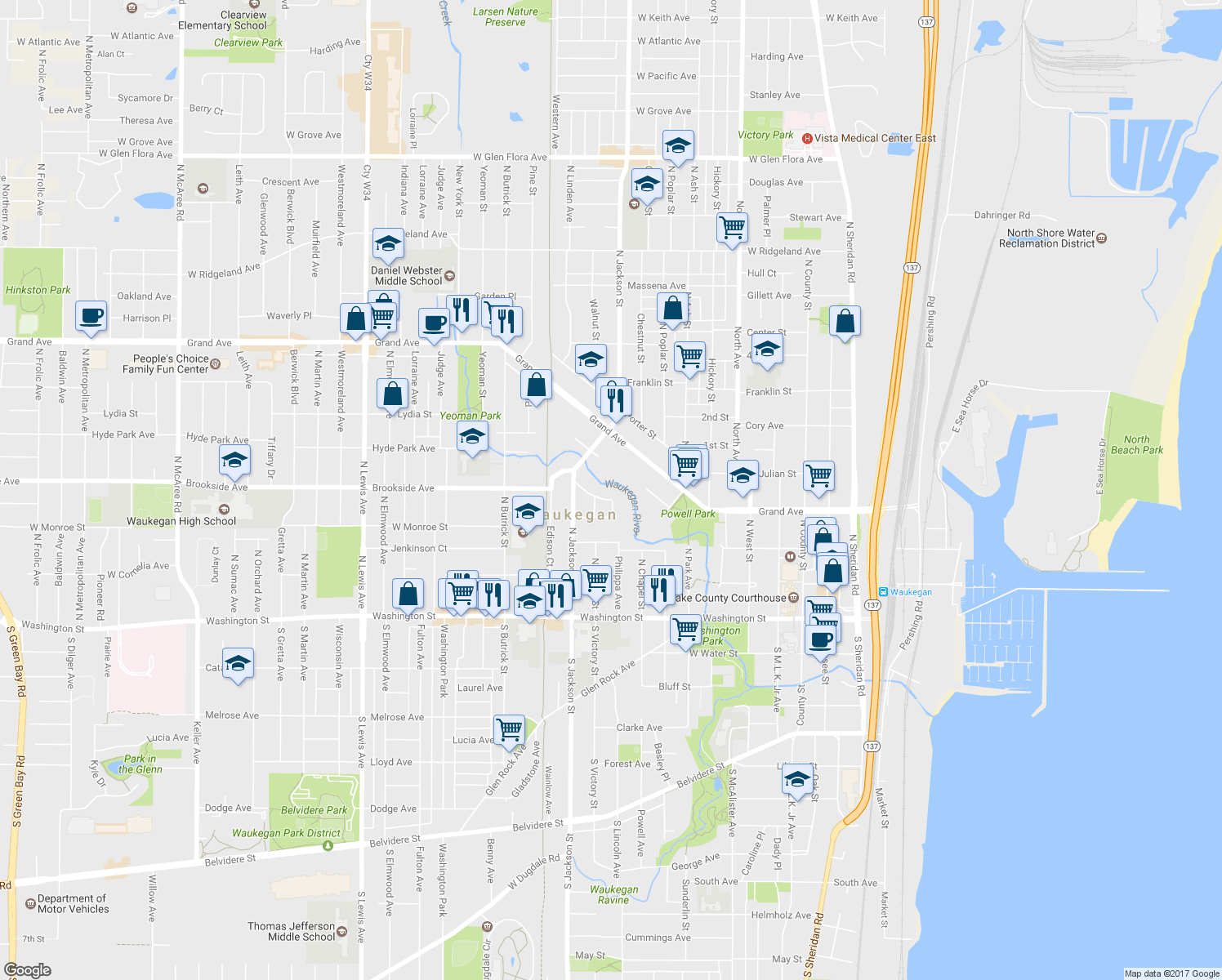 map of restaurants, bars, coffee shops, grocery stores, and more near 918 Rogers Court in Waukegan