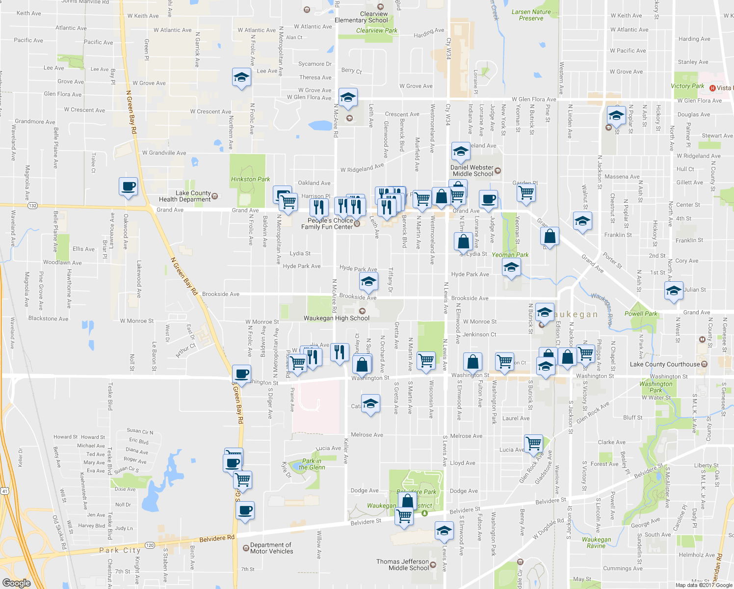 map of restaurants, bars, coffee shops, grocery stores, and more near 2340 Brookside Avenue in Waukegan