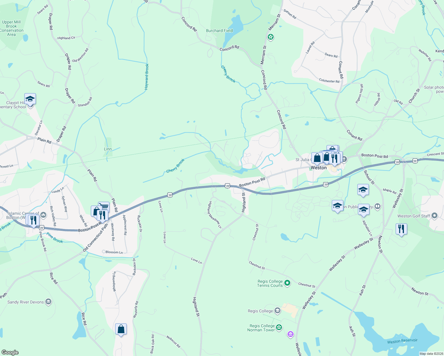 map of restaurants, bars, coffee shops, grocery stores, and more near 725 Boston Post Road in Weston