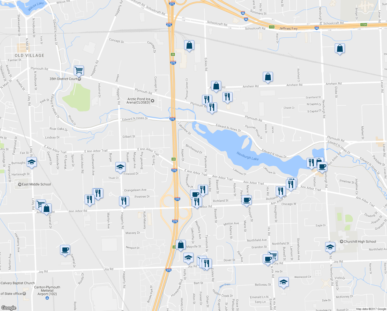 map of restaurants, bars, coffee shops, grocery stores, and more near 11404 Cedar Lane in Plymouth