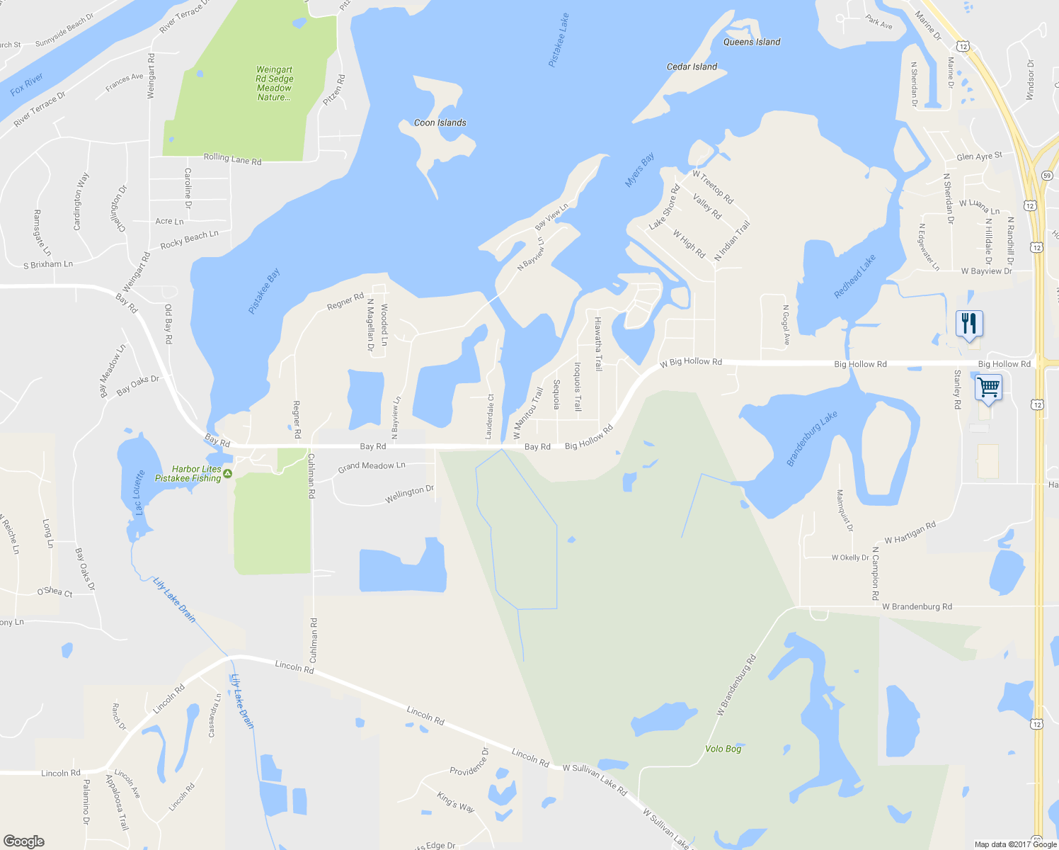 map of restaurants, bars, coffee shops, grocery stores, and more near 211 Navajo Trail in McHenry