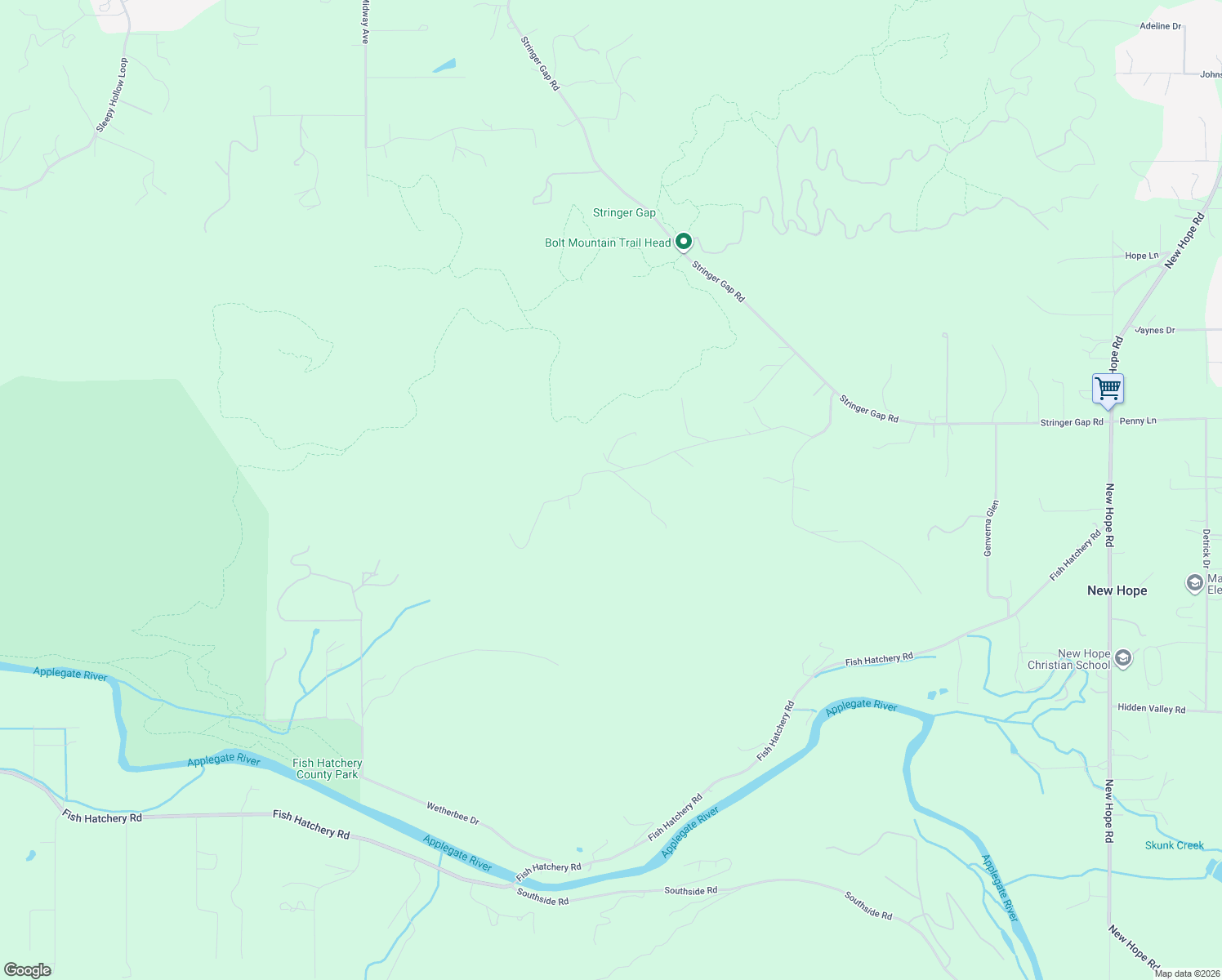 map of restaurants, bars, coffee shops, grocery stores, and more near 550 Bolt Mountain Road in Grants Pass
