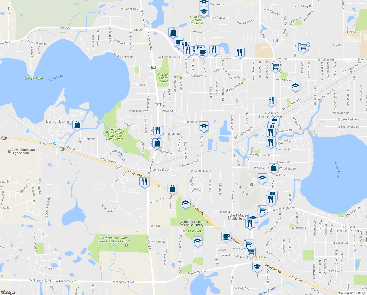 map of restaurants, bars, coffee shops, grocery stores, and more near 1026 Brentwood Drive in Round Lake Beach