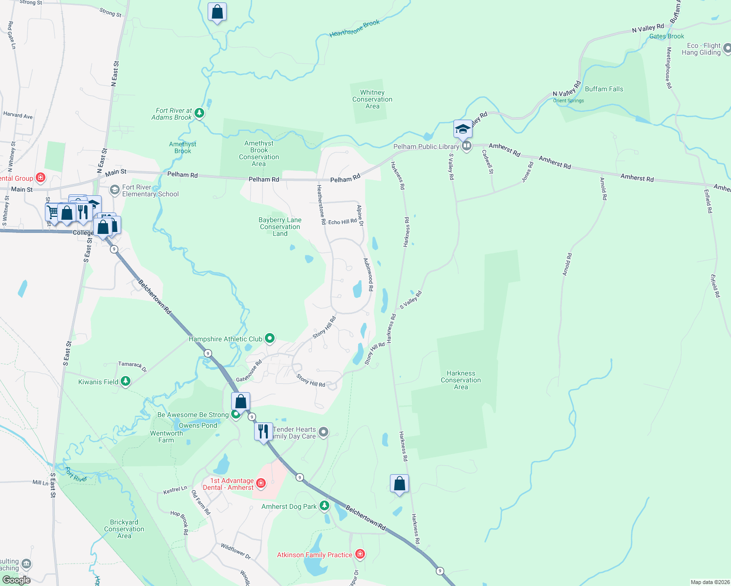 map of restaurants, bars, coffee shops, grocery stores, and more near 157 Aubinwood Road in Amherst