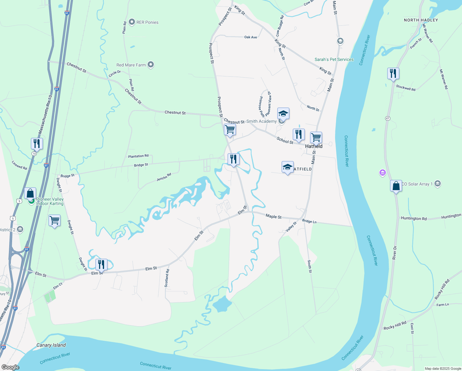 map of restaurants, bars, coffee shops, grocery stores, and more near 99 Porter Ave in Hatfield