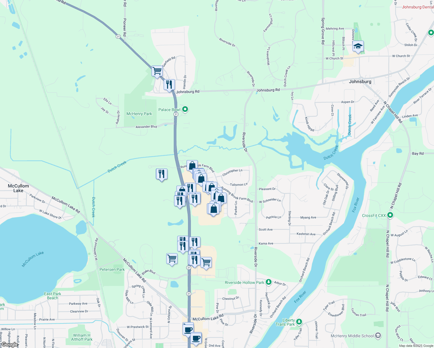 map of restaurants, bars, coffee shops, grocery stores, and more near 3318 Christopher Lane in Johnsburg
