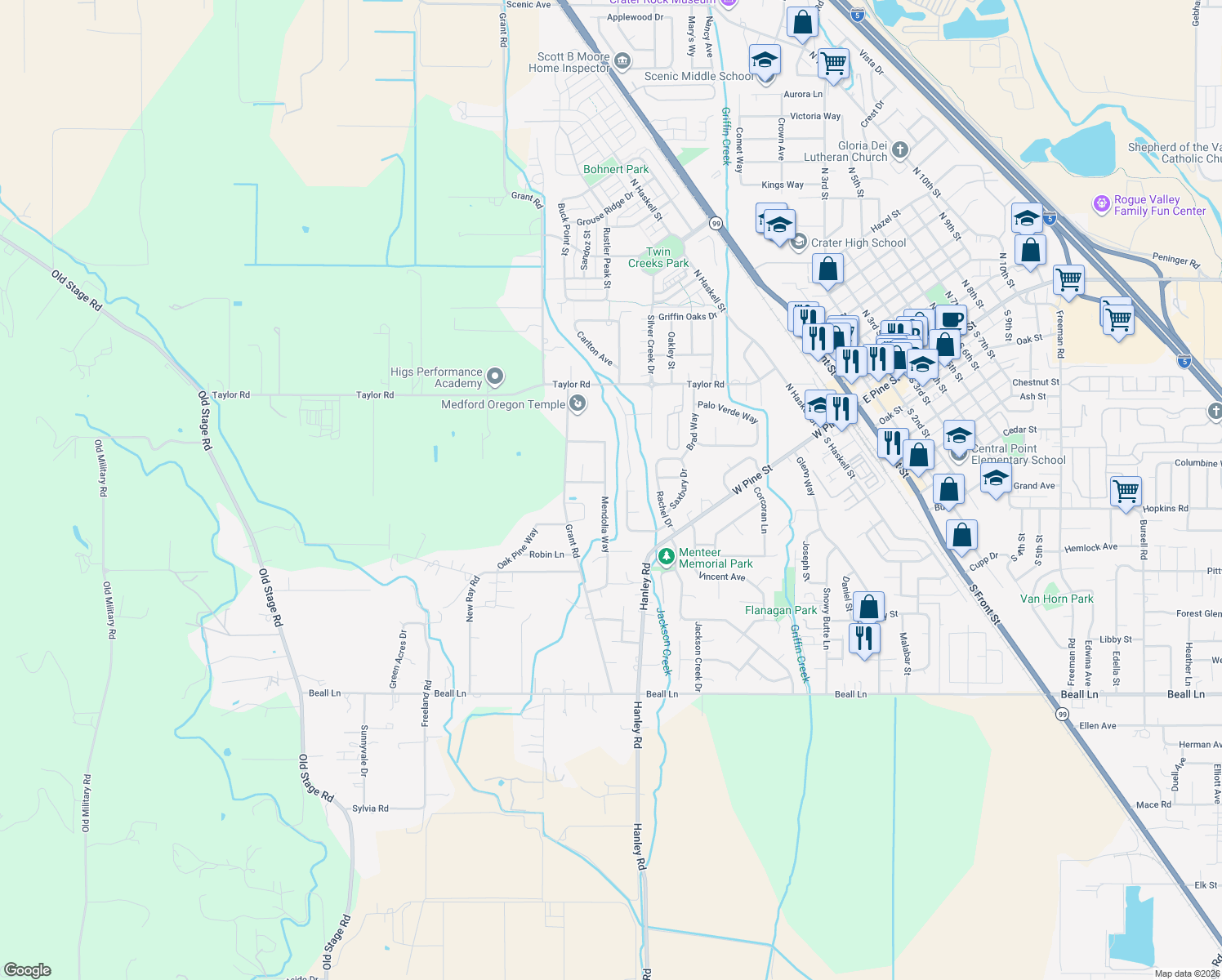map of restaurants, bars, coffee shops, grocery stores, and more near 896 Mendolia Way in Central Point