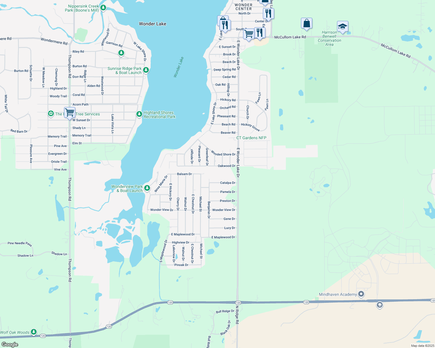 map of restaurants, bars, coffee shops, grocery stores, and more near 3013 East Wonder Lake Road in Wonder Lake