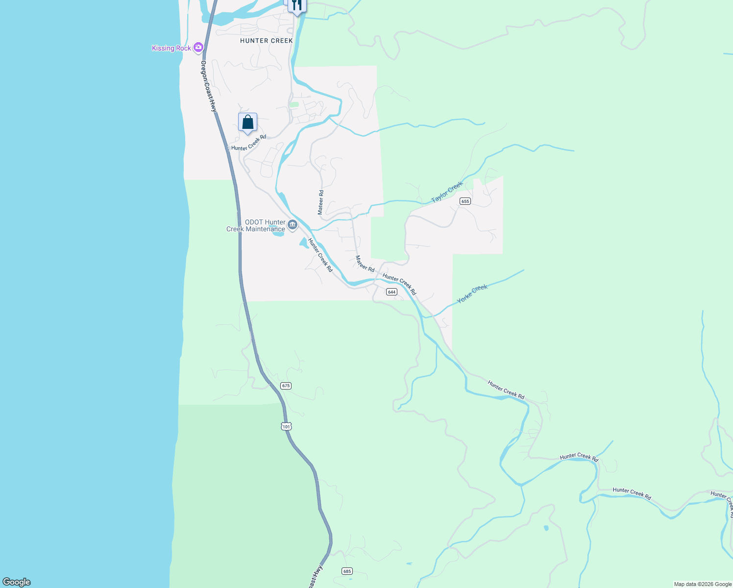 map of restaurants, bars, coffee shops, grocery stores, and more near 28170 Hunter Creek Road in Gold Beach