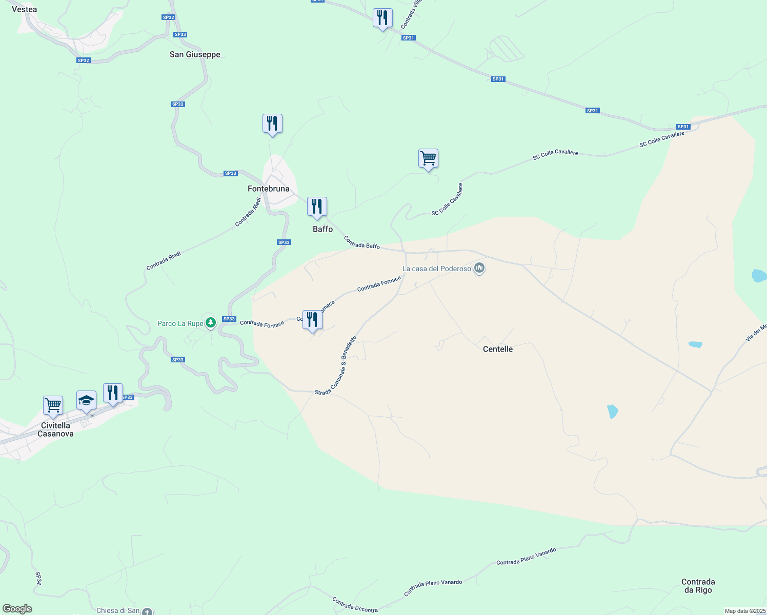 map of restaurants, bars, coffee shops, grocery stores, and more near 16 Strada Comunale San Benedetto in Provincia di Pescara