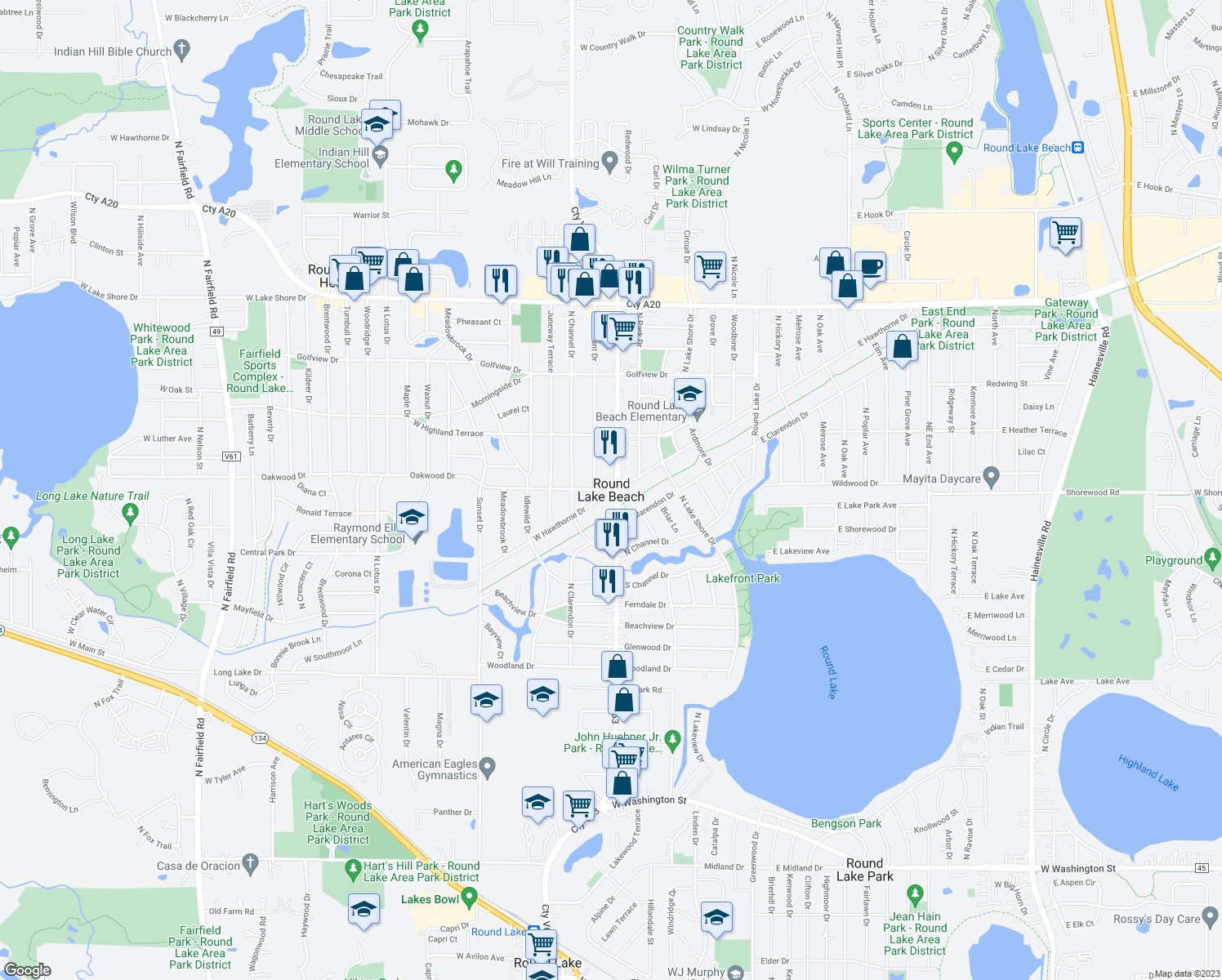 map of restaurants, bars, coffee shops, grocery stores, and more near in Round Lake Beach