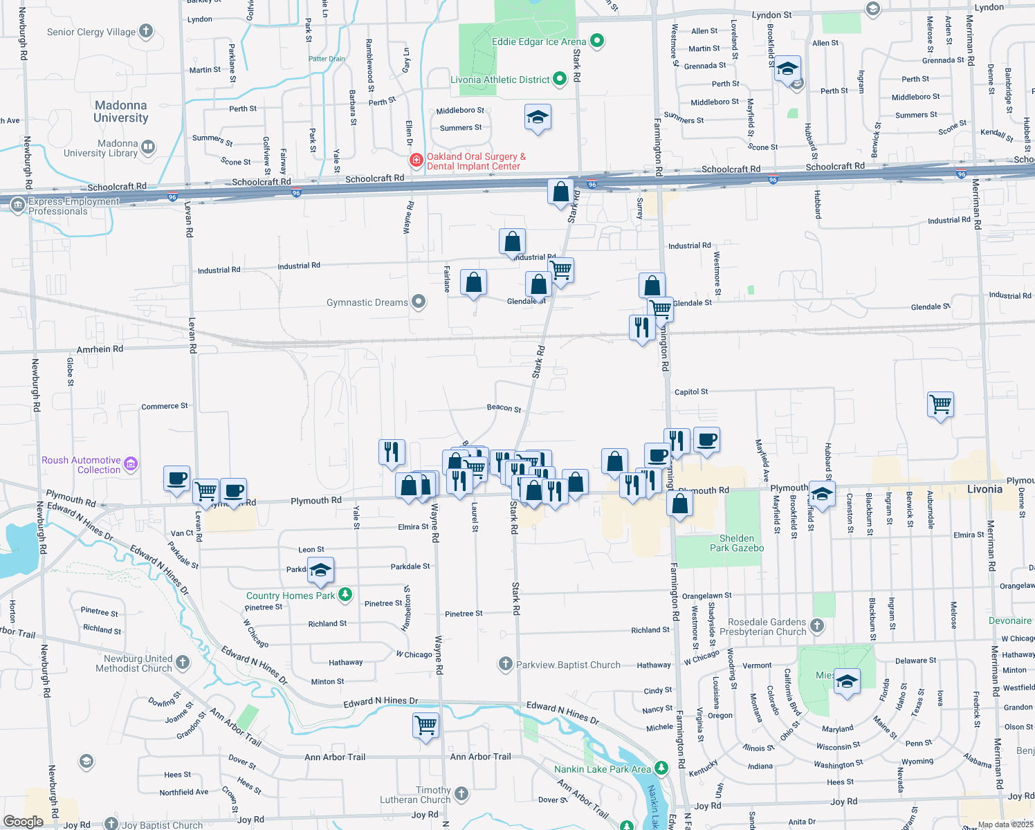 map of restaurants, bars, coffee shops, grocery stores, and more near 12001 Stark Rd in Livonia