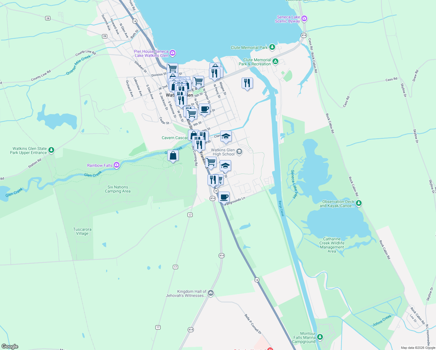 map of restaurants, bars, coffee shops, grocery stores, and more near 105-107 E 15th St in Watkins Glen