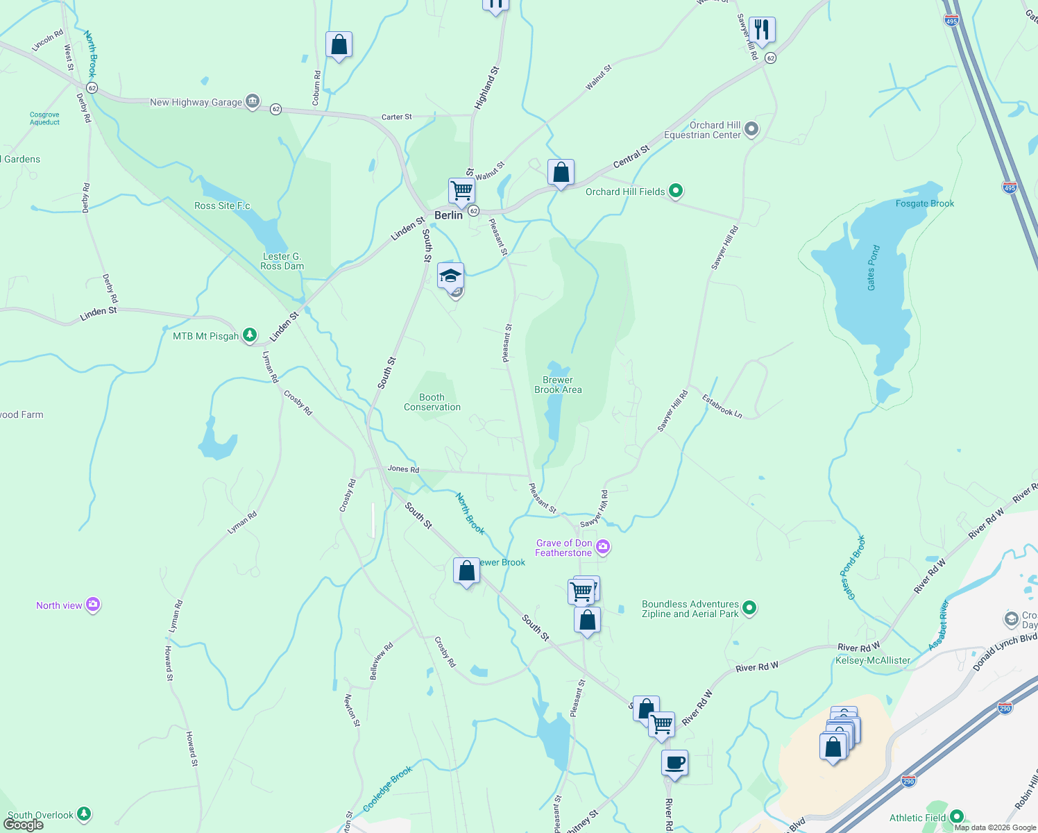 map of restaurants, bars, coffee shops, grocery stores, and more near 124 Pleasant Street in Berlin