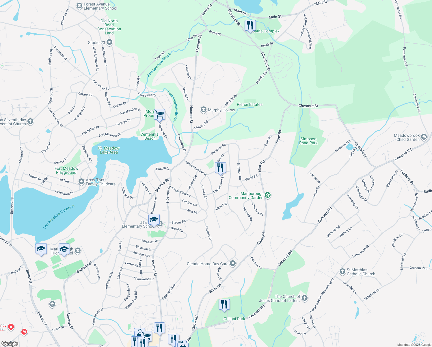 map of restaurants, bars, coffee shops, grocery stores, and more near 29 Fontaine Street in Marlborough