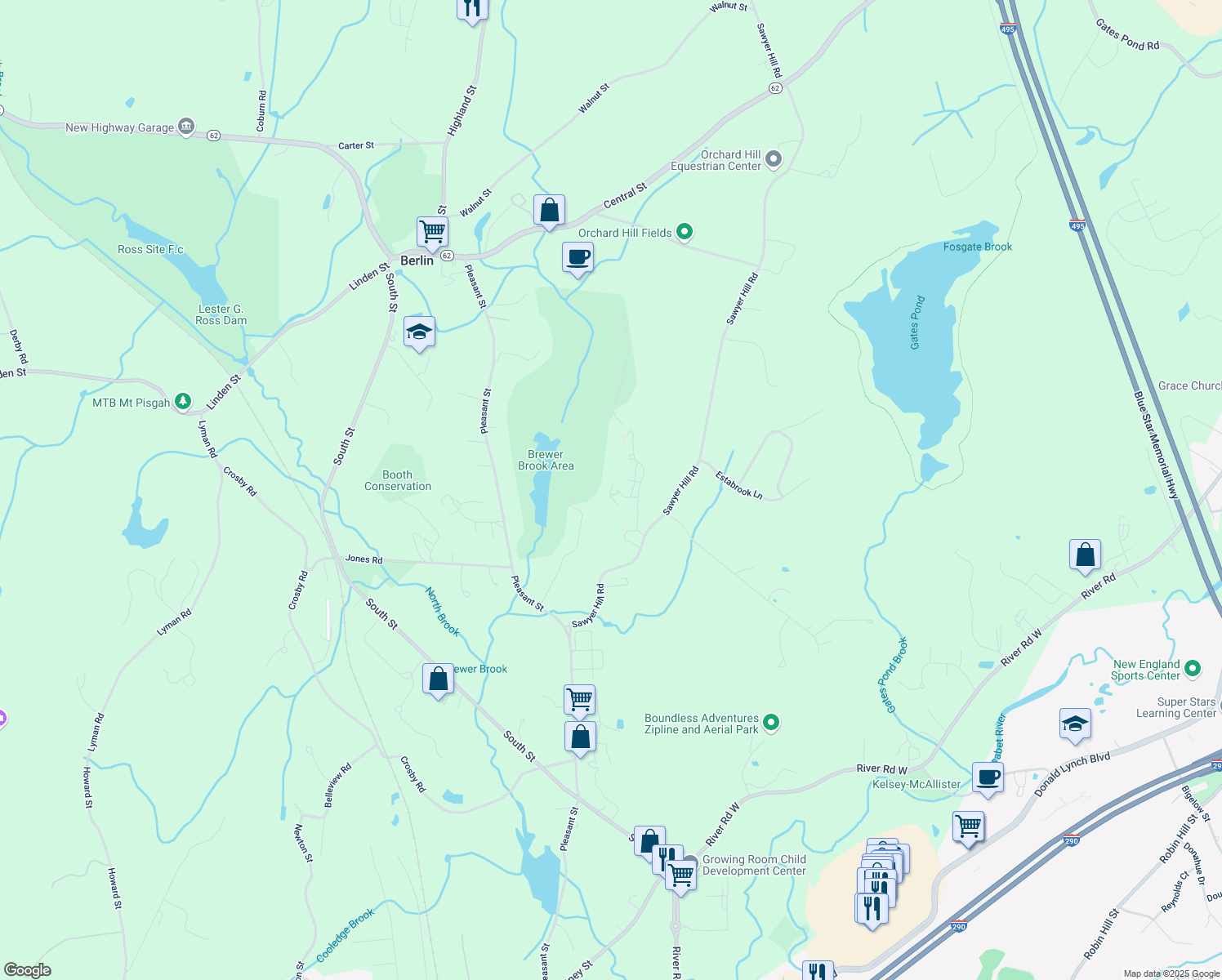 map of restaurants, bars, coffee shops, grocery stores, and more near 34 Village Lane in Berlin