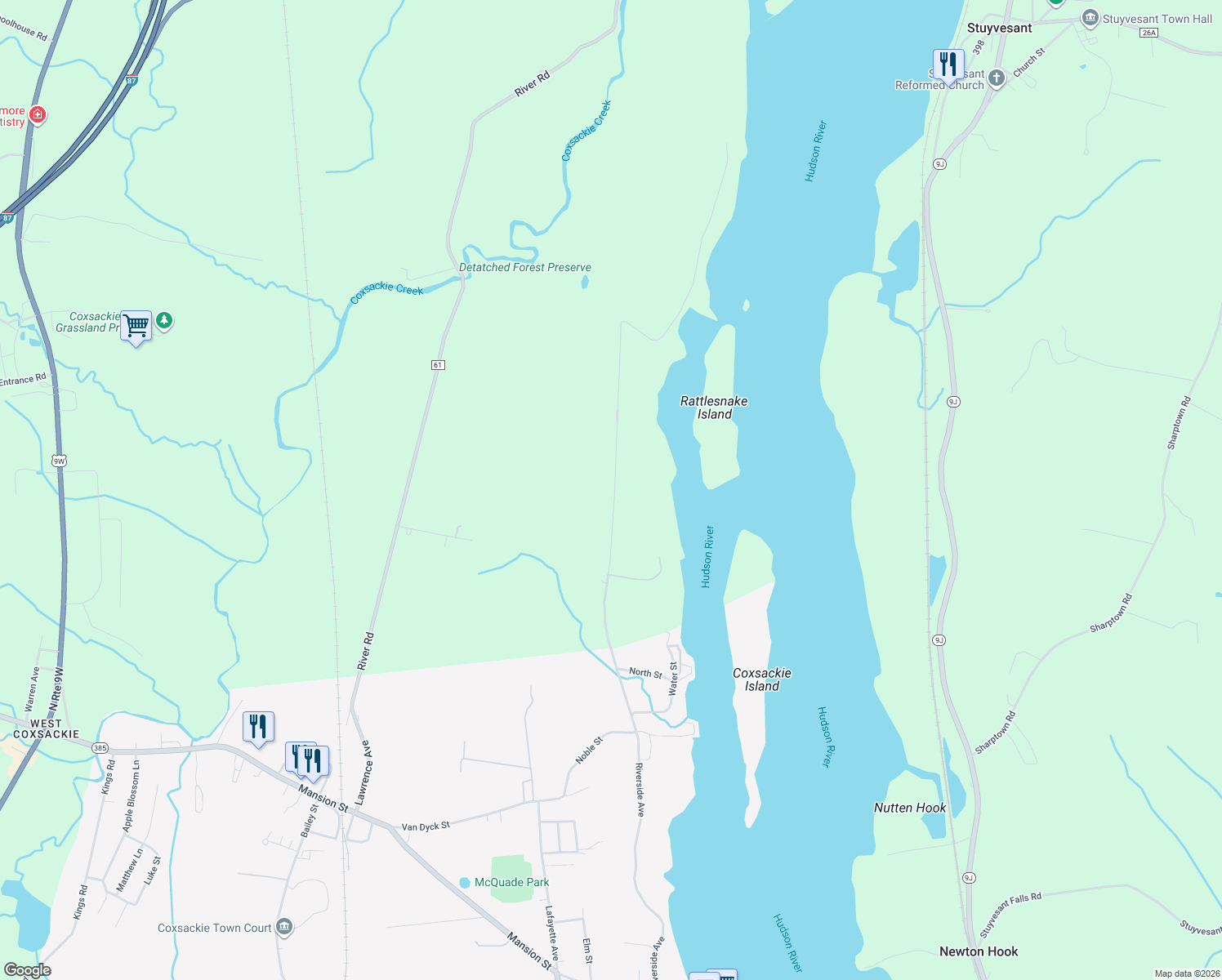 map of restaurants, bars, coffee shops, grocery stores, and more near 557 Riverside Avenue in Coxsackie