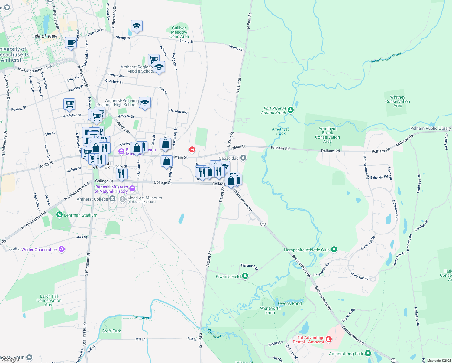 map of restaurants, bars, coffee shops, grocery stores, and more near 390 College St in Amherst