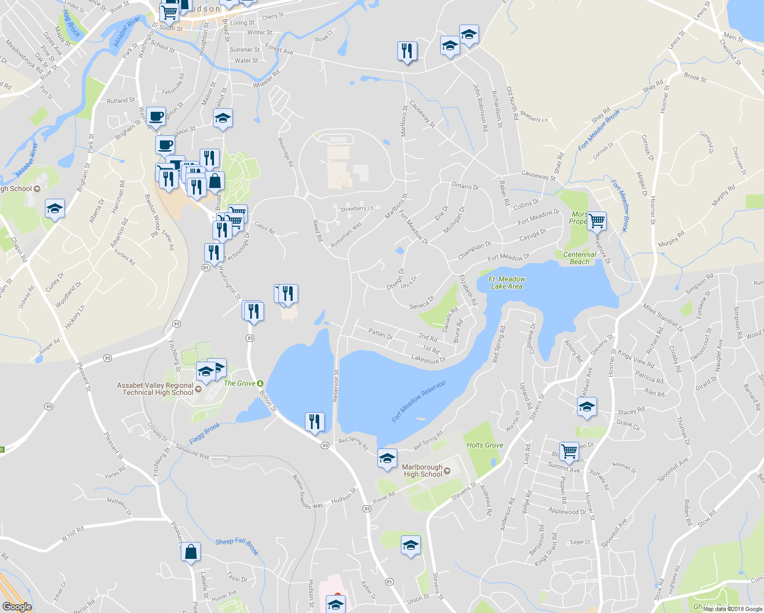 map of restaurants, bars, coffee shops, grocery stores, and more near 36 Seneca Drive in Hudson
