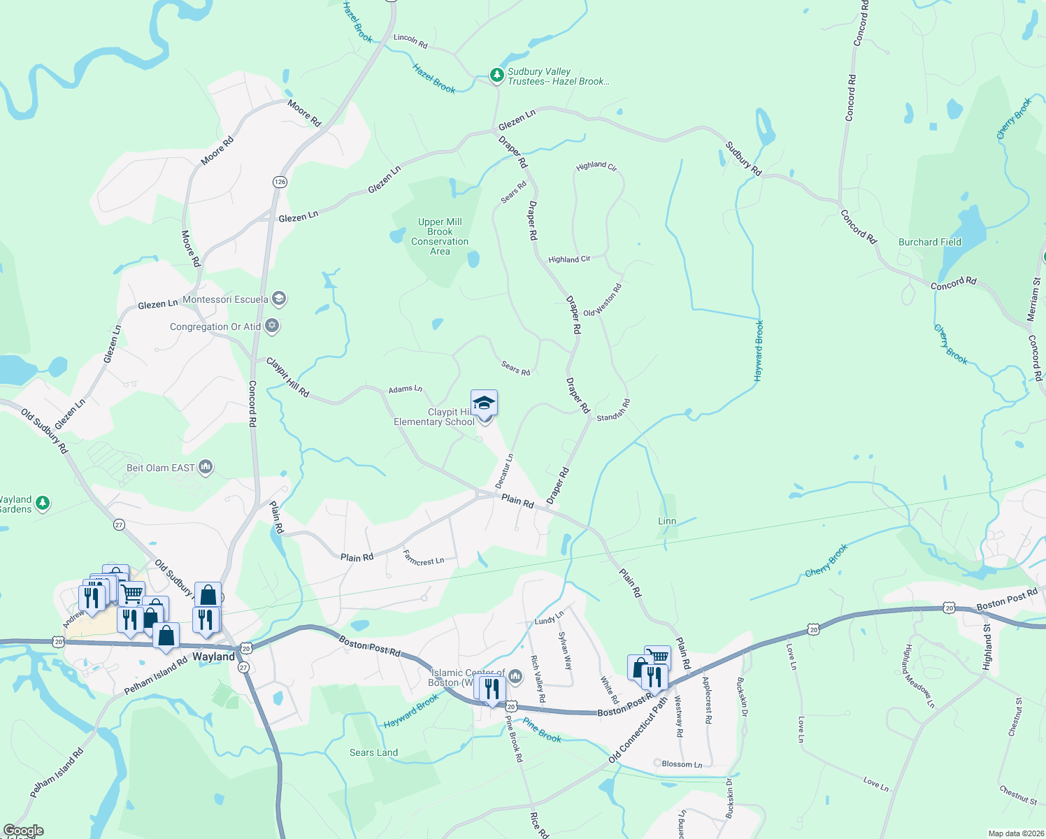 map of restaurants, bars, coffee shops, grocery stores, and more near 26 Decatur Lane in Wayland
