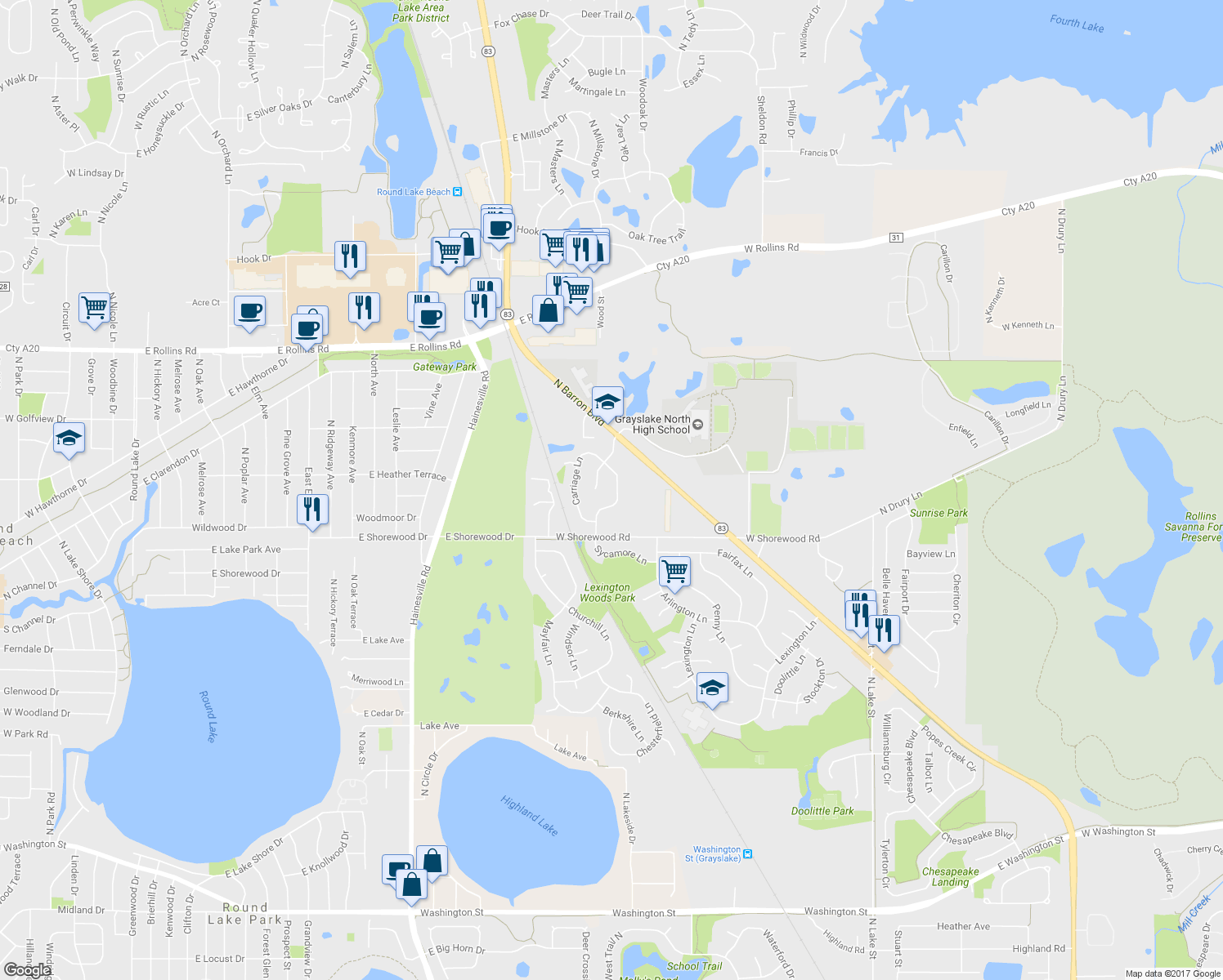 map of restaurants, bars, coffee shops, grocery stores, and more near 1389 Regency Ln in Lake Villa