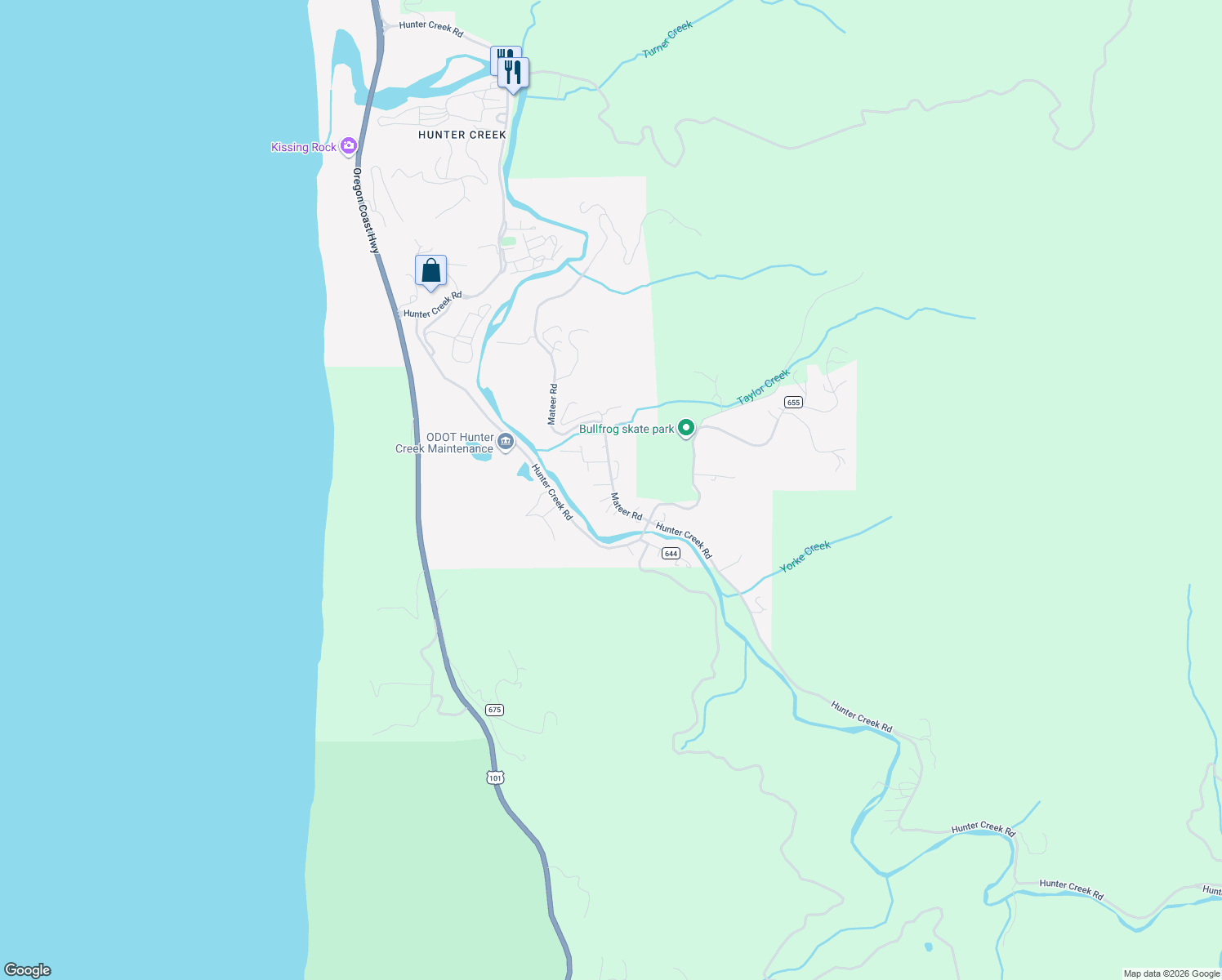 map of restaurants, bars, coffee shops, grocery stores, and more near 28218 Mateer Road in Gold Beach
