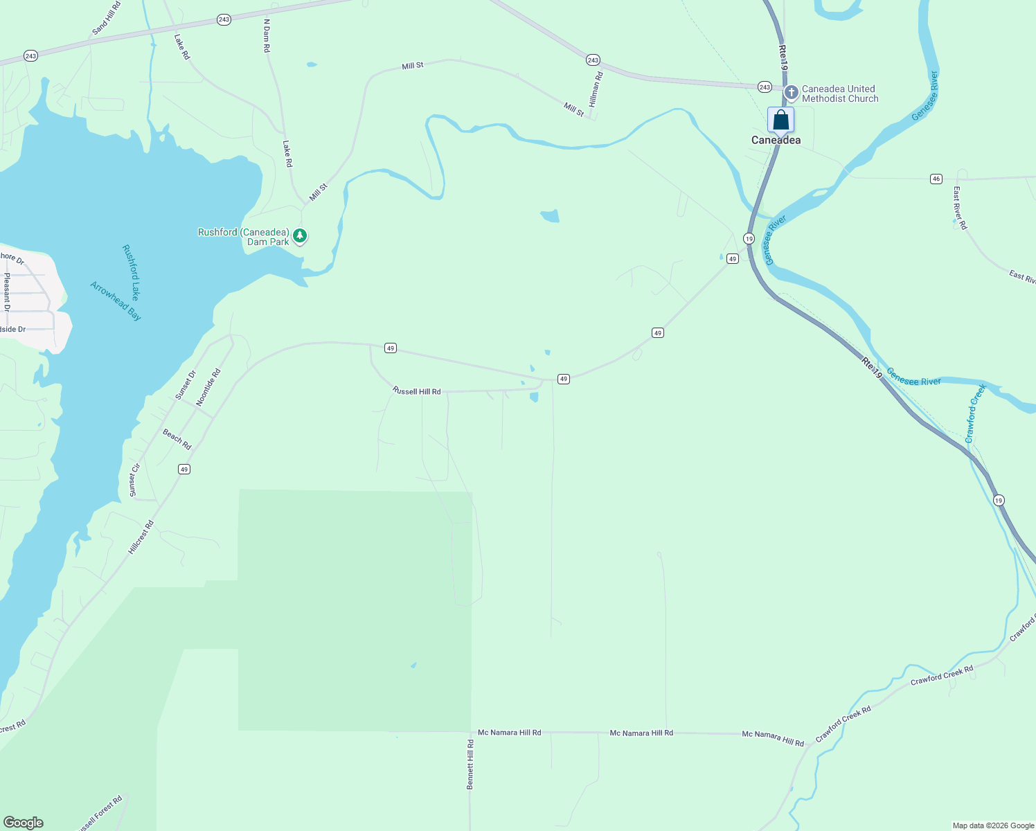 map of restaurants, bars, coffee shops, grocery stores, and more near 7629 Russell Hill Road in Caneadea