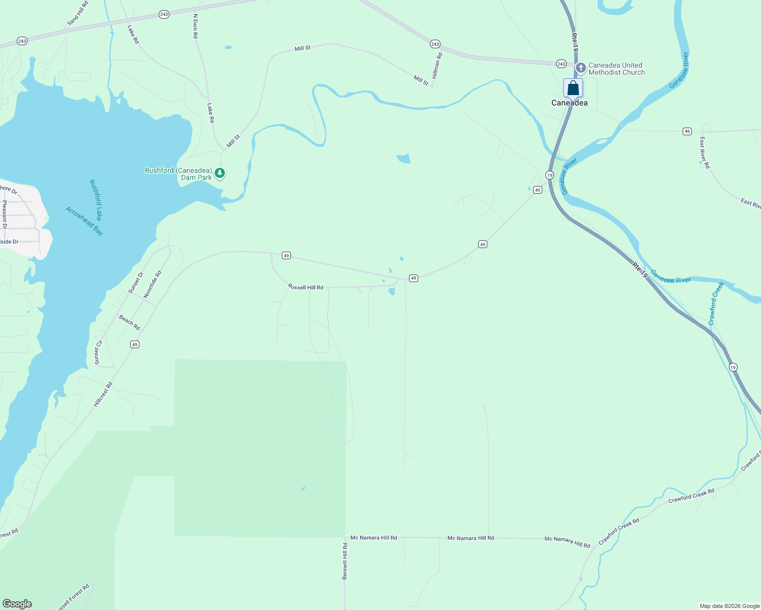 map of restaurants, bars, coffee shops, grocery stores, and more near 7629 Russell Hill Road in Caneadea
