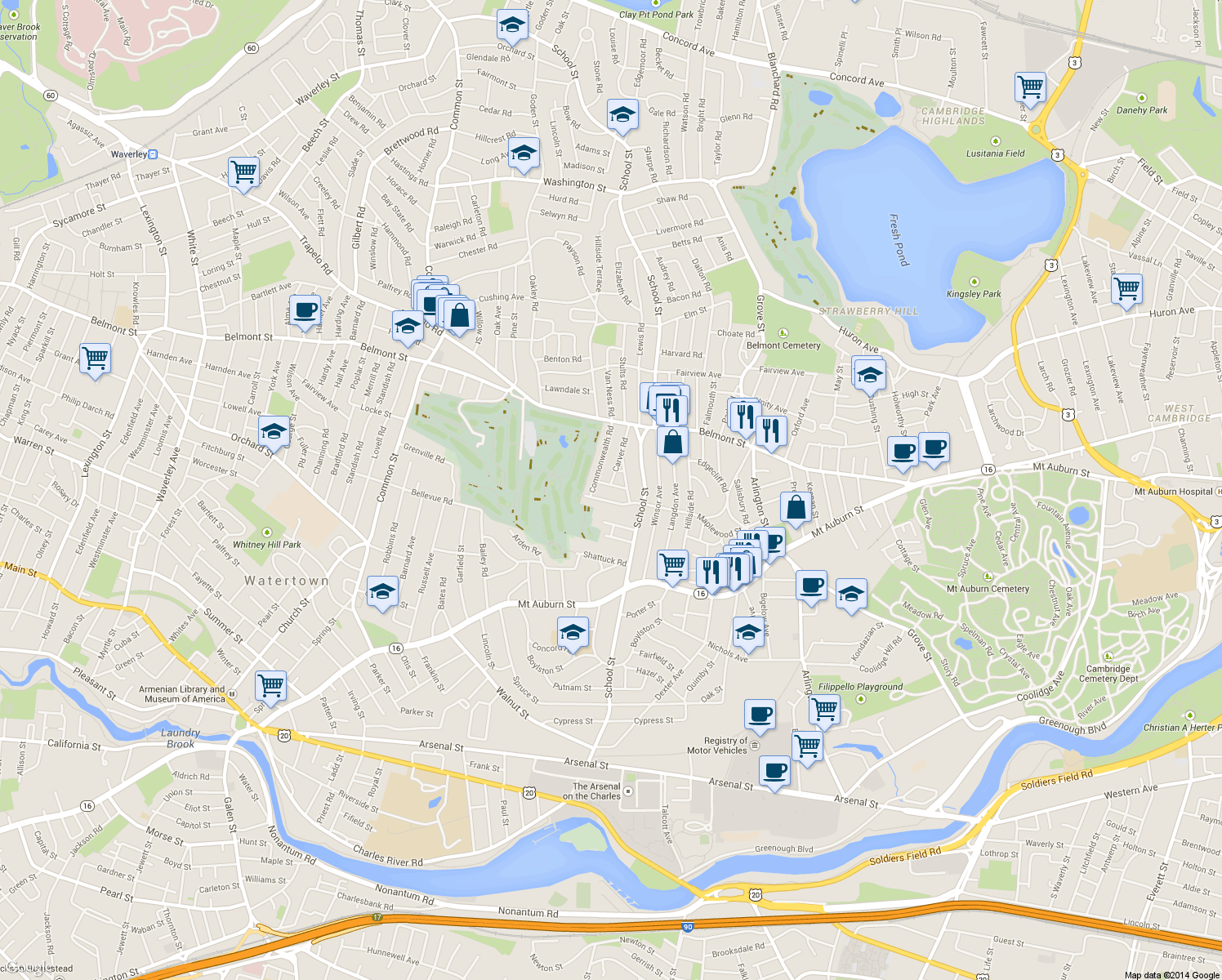 map of restaurants, bars, coffee shops, grocery stores, and more near 18 Clyde Road in Watertown