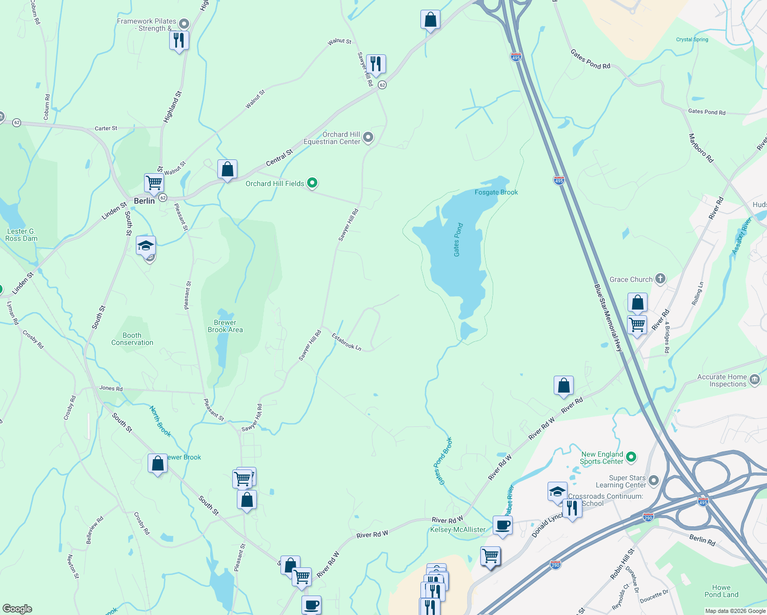 map of restaurants, bars, coffee shops, grocery stores, and more near 26 Autumn Ridge in Berlin