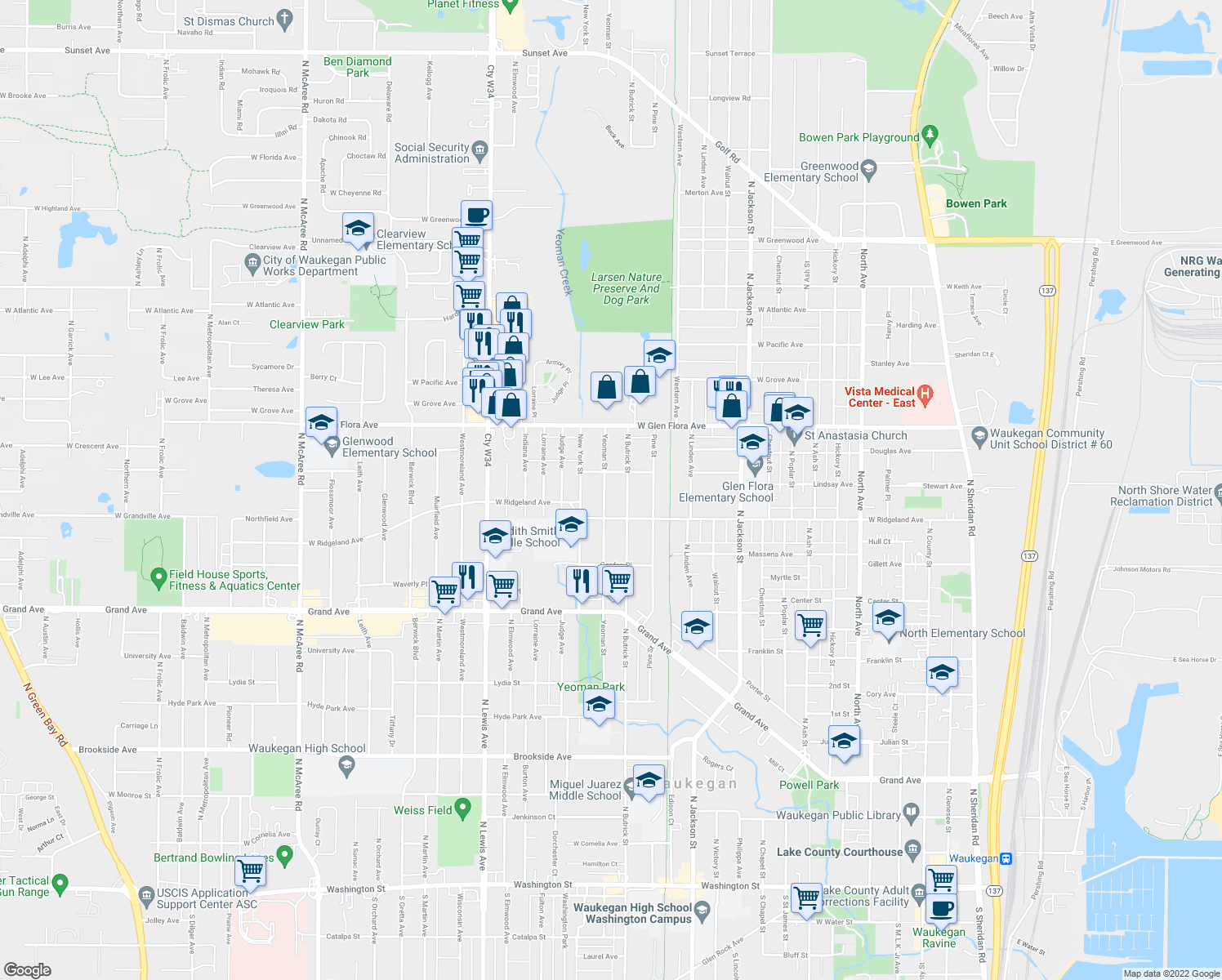 map of restaurants, bars, coffee shops, grocery stores, and more near 1031 Yeoman St in Waukegan