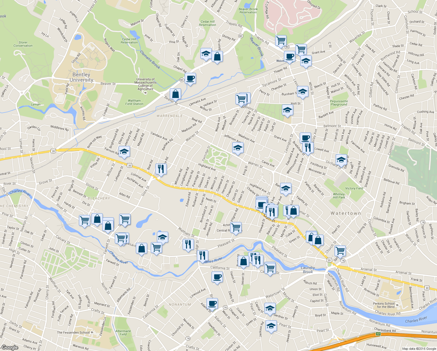 map of restaurants, bars, coffee shops, grocery stores, and more near 61 Wilmot Street in Watertown