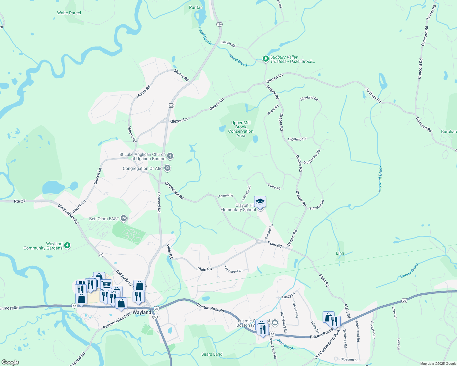 map of restaurants, bars, coffee shops, grocery stores, and more near 3 Mellen Lane in Wayland