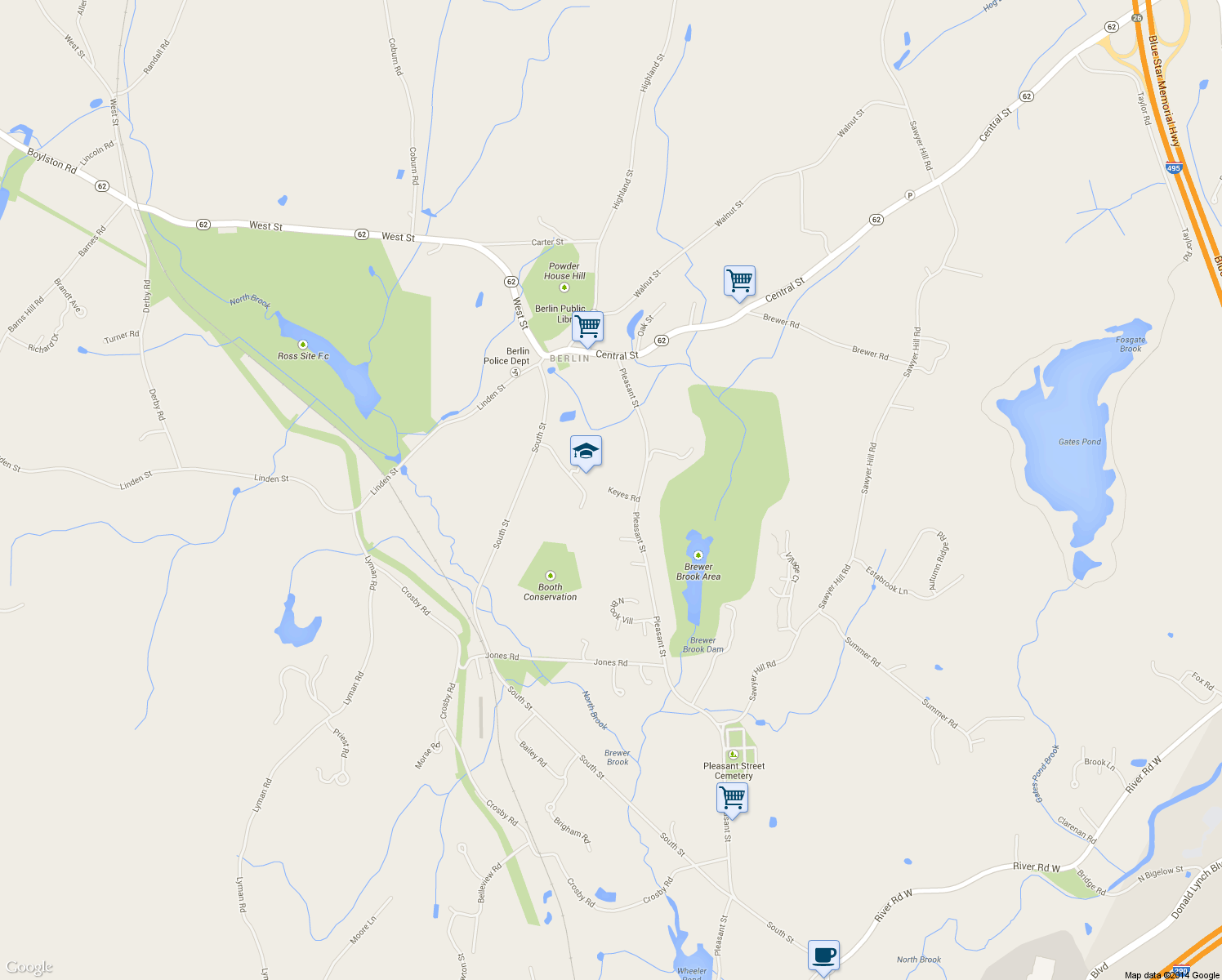 map of restaurants, bars, coffee shops, grocery stores, and more near 98 Keyes Road in Berlin