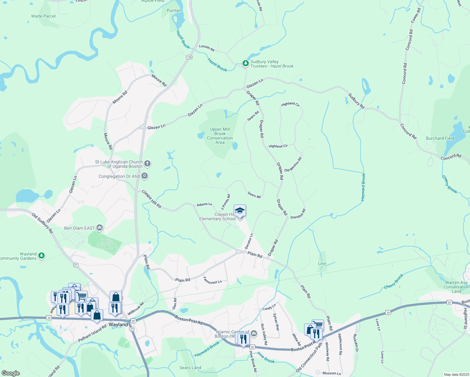map of restaurants, bars, coffee shops, grocery stores, and more near 7 Sears Rd in Wayland