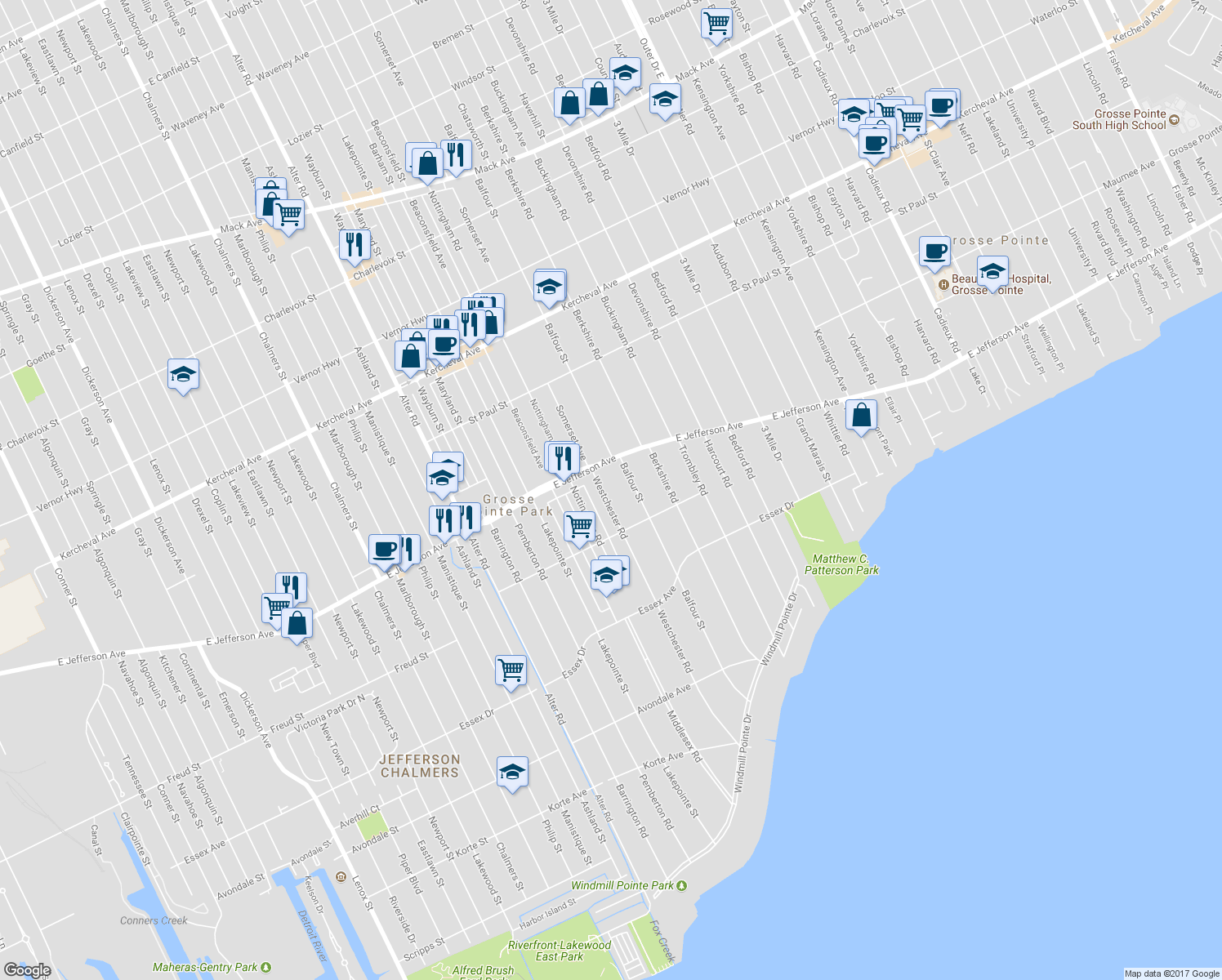 map of restaurants, bars, coffee shops, grocery stores, and more near 960 Westchester Road in Grosse Pointe Park