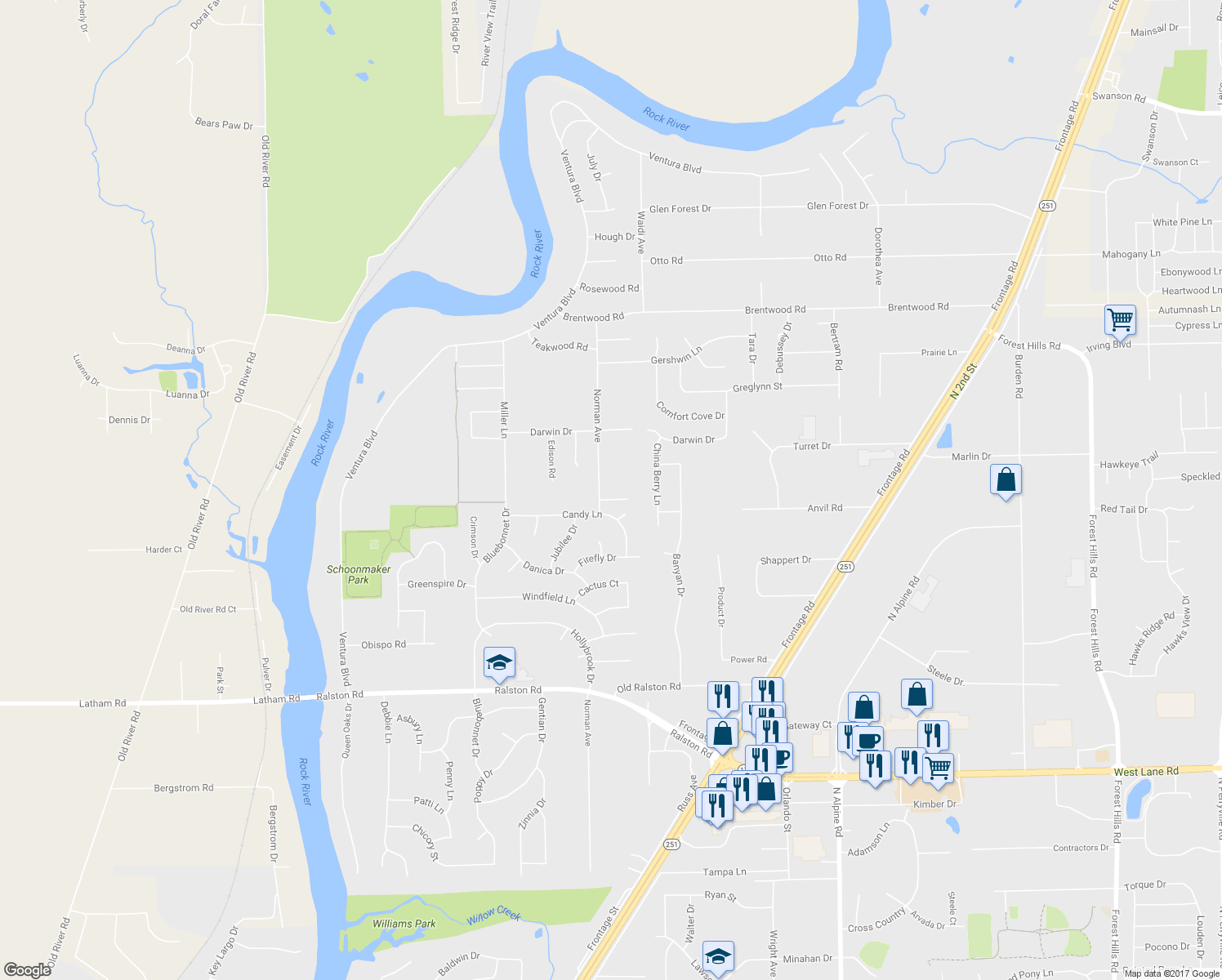 map of restaurants, bars, coffee shops, grocery stores, and more near 900 Lavern Avenue in Machesney Park