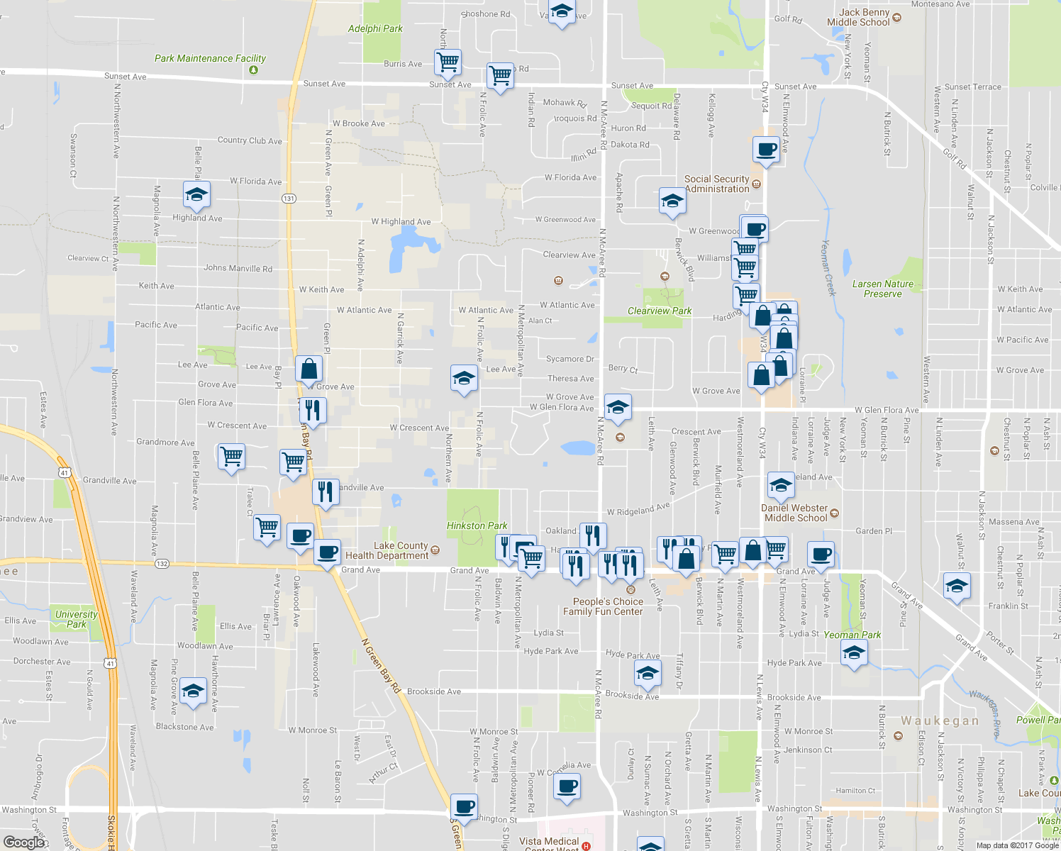 map of restaurants, bars, coffee shops, grocery stores, and more near 2805 West Glen Flora Avenue in Waukegan