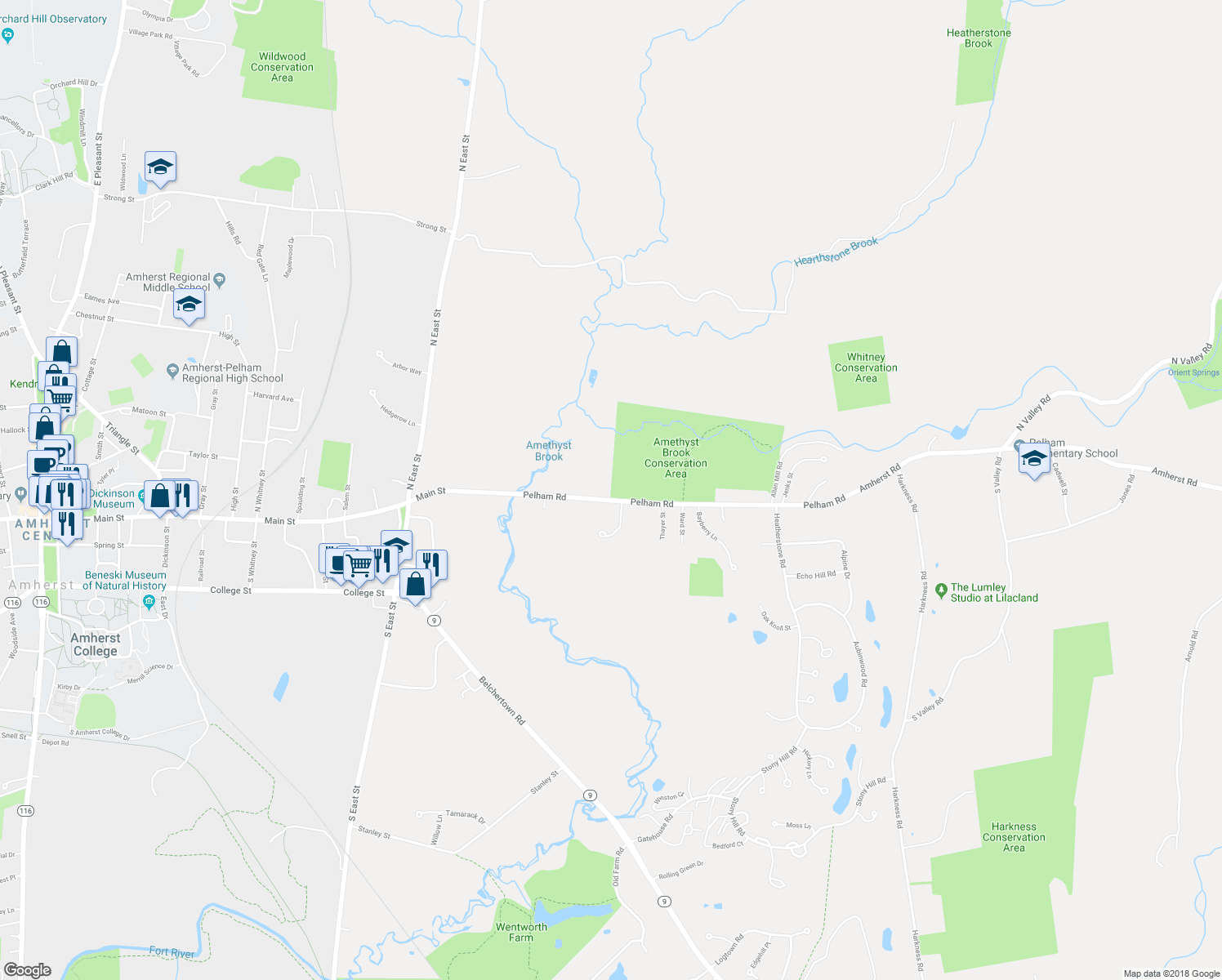 map of restaurants, bars, coffee shops, grocery stores, and more near 106 West Pelham Road in Amherst