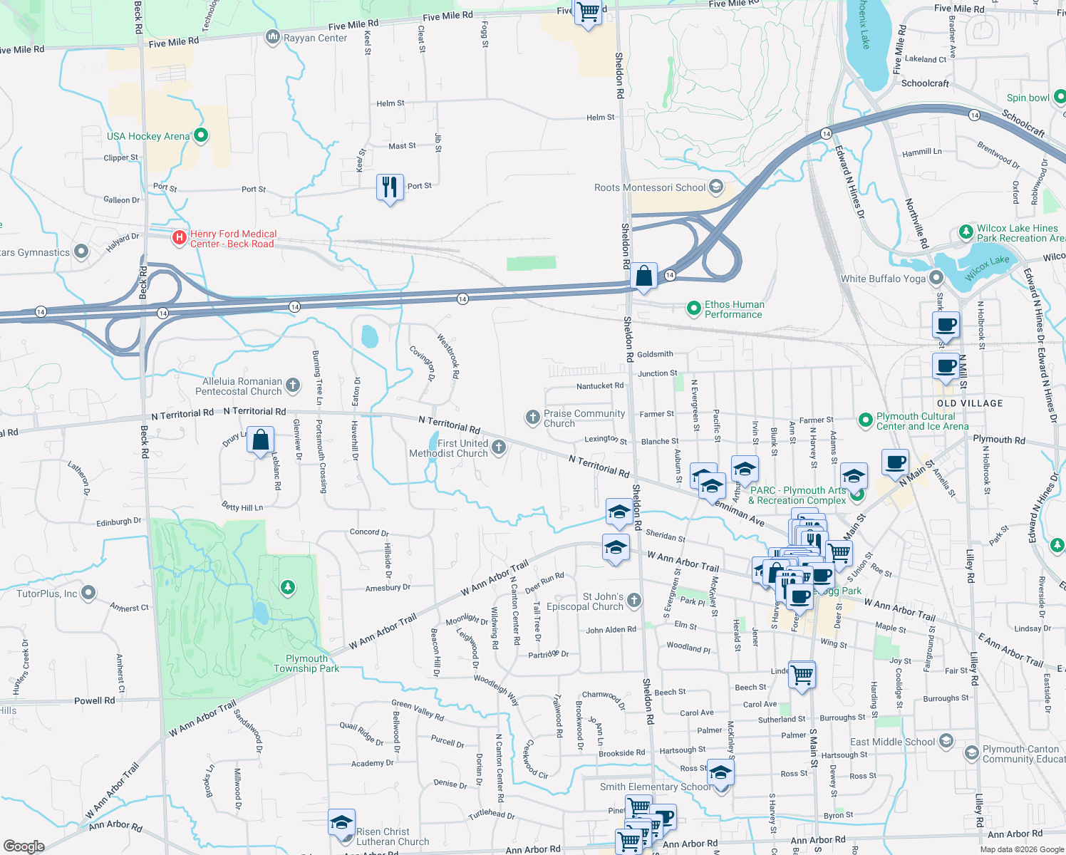 map of restaurants, bars, coffee shops, grocery stores, and more near 45000 North Territorial Road in Plymouth