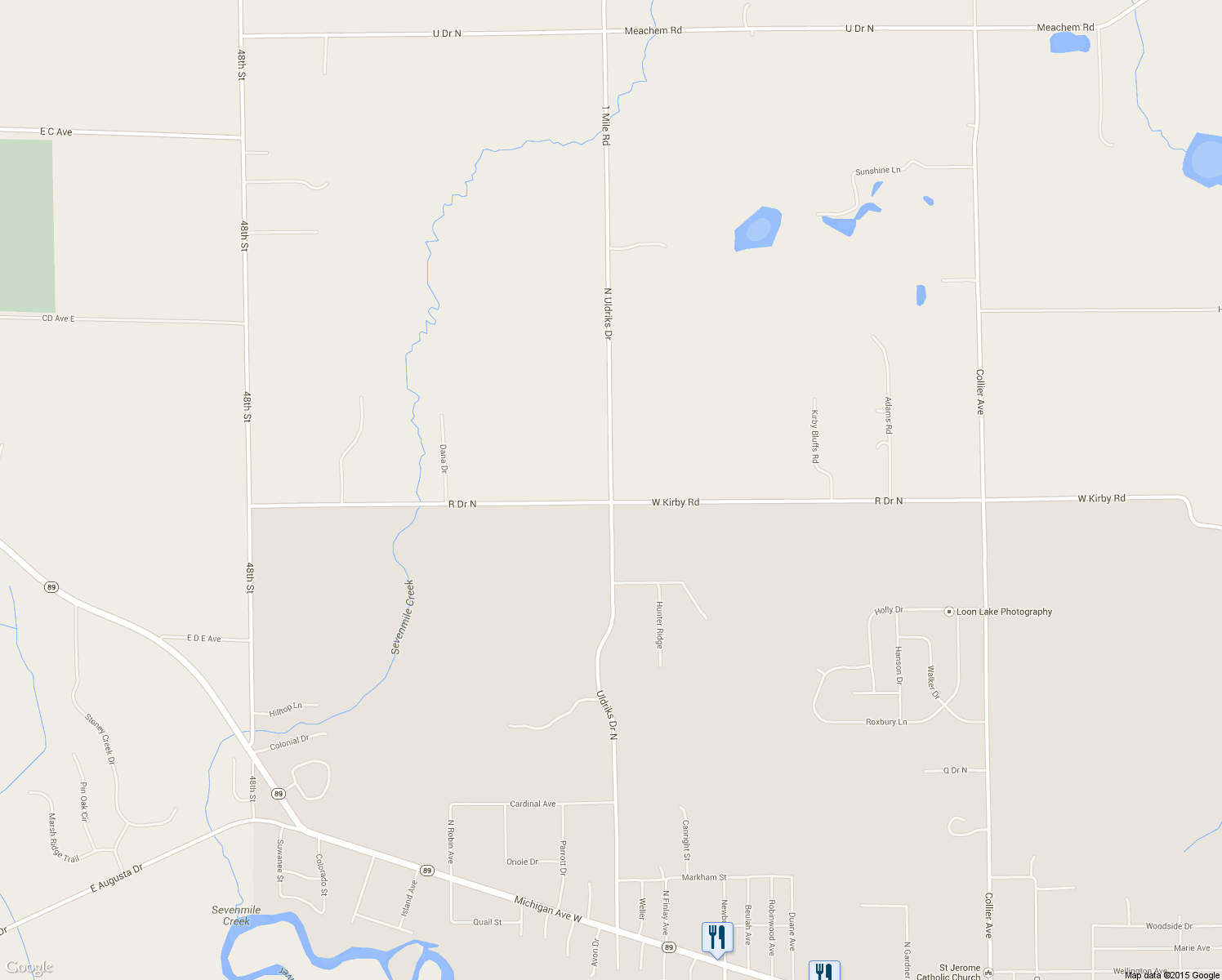 map of restaurants, bars, coffee shops, grocery stores, and more near 14600 North Uldriks Drive in Battle Creek