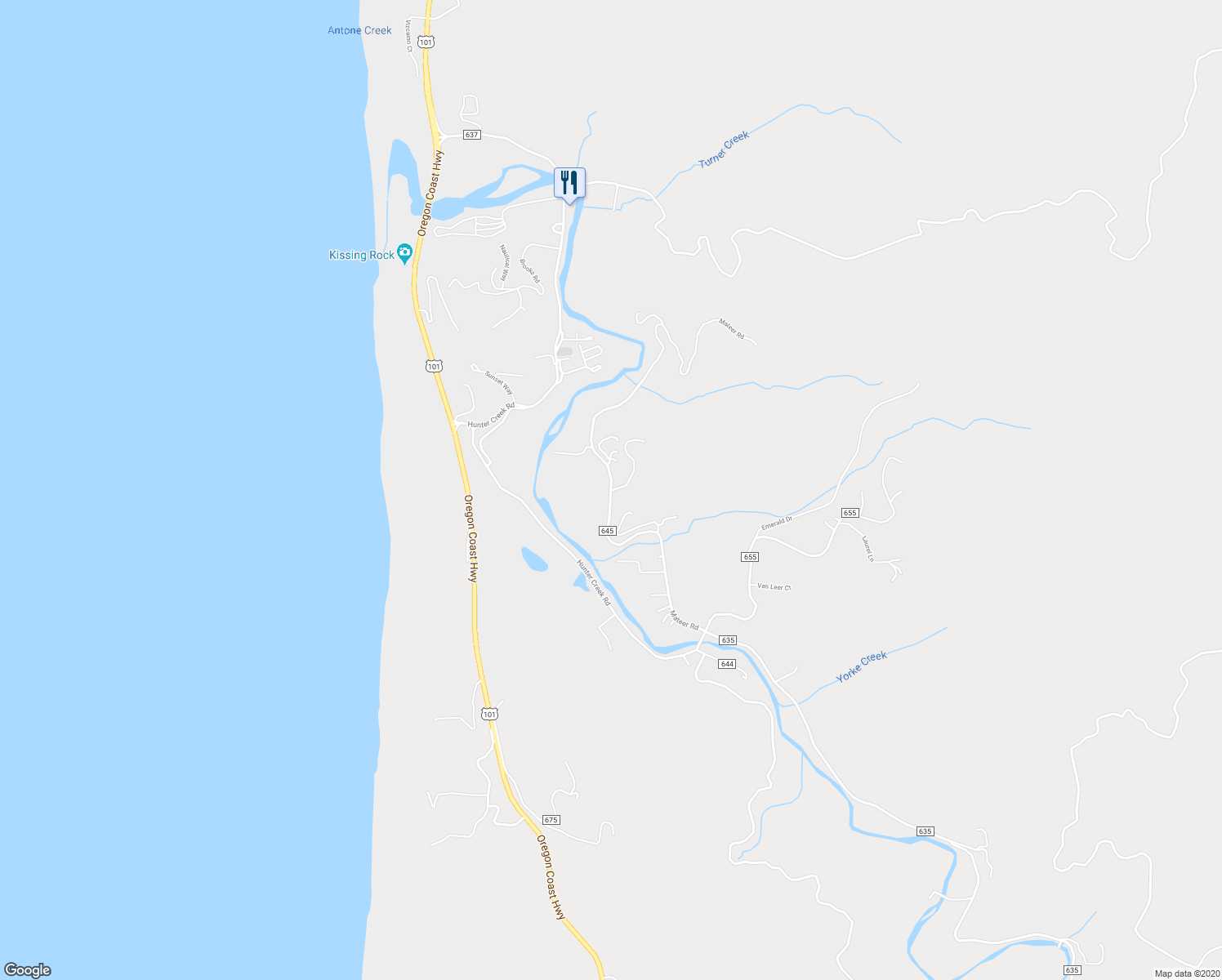 map of restaurants, bars, coffee shops, grocery stores, and more near 28385 Mateer Road in Gold Beach