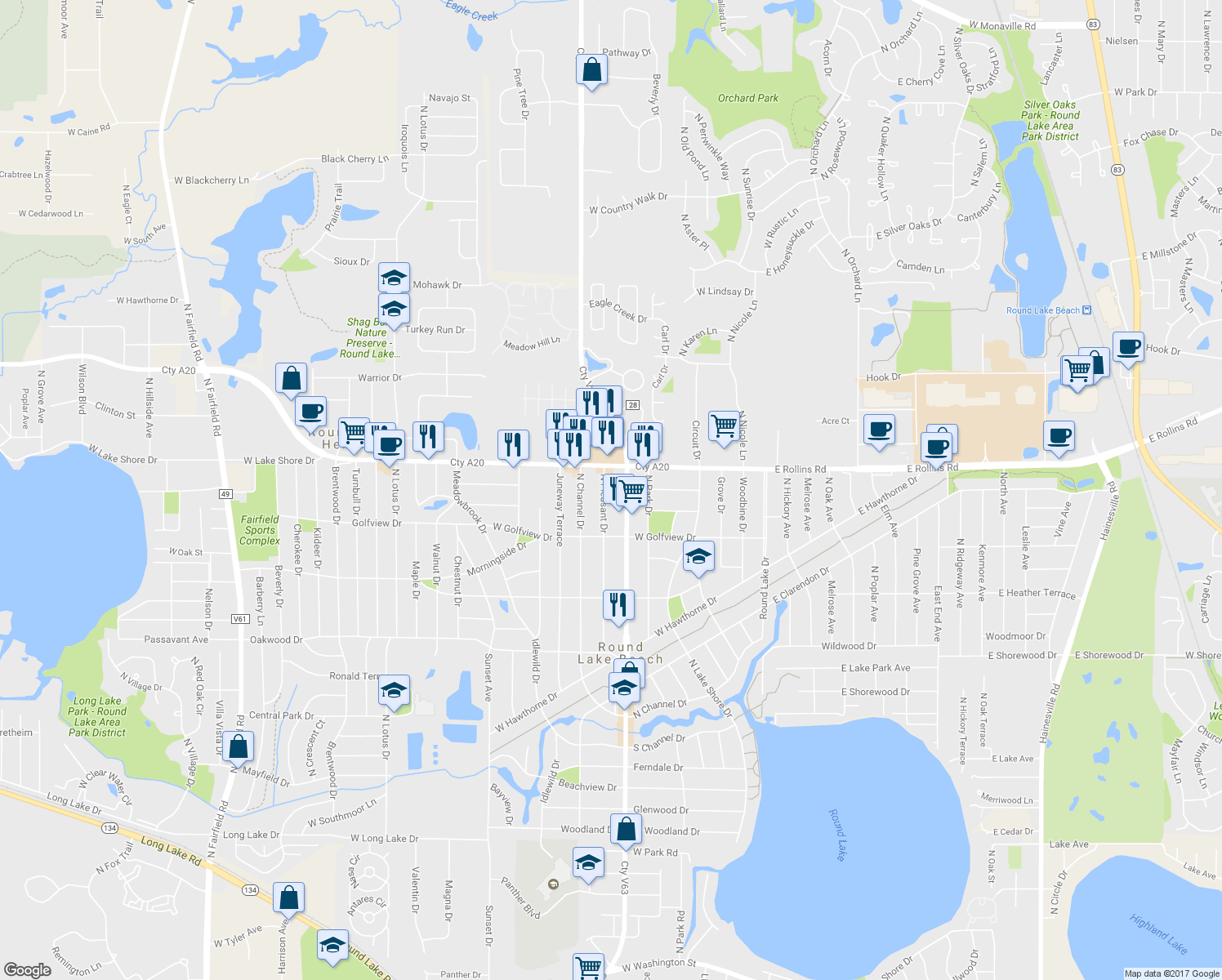 map of restaurants, bars, coffee shops, grocery stores, and more near 1619 North Pleasant Drive in Round Lake Beach