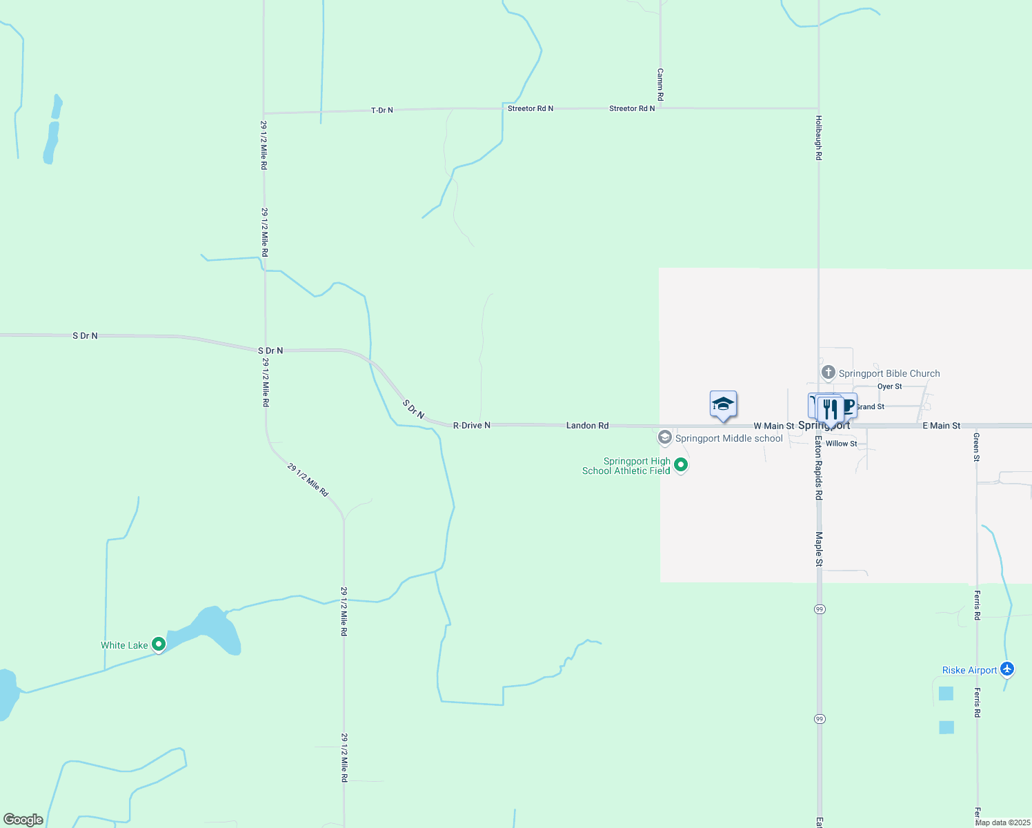 map of restaurants, bars, coffee shops, grocery stores, and more near 16850 Landon Rd in Springport