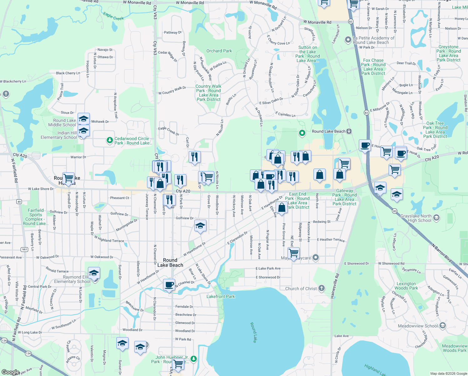 map of restaurants, bars, coffee shops, grocery stores, and more near 10 E Rollins Rd in Round Lake Beach