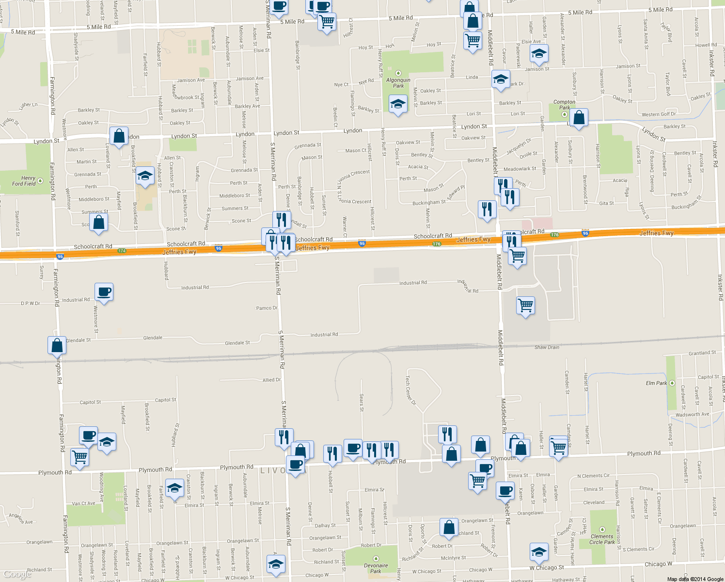 map of restaurants, bars, coffee shops, grocery stores, and more near 30853 Industrial Road in Livonia