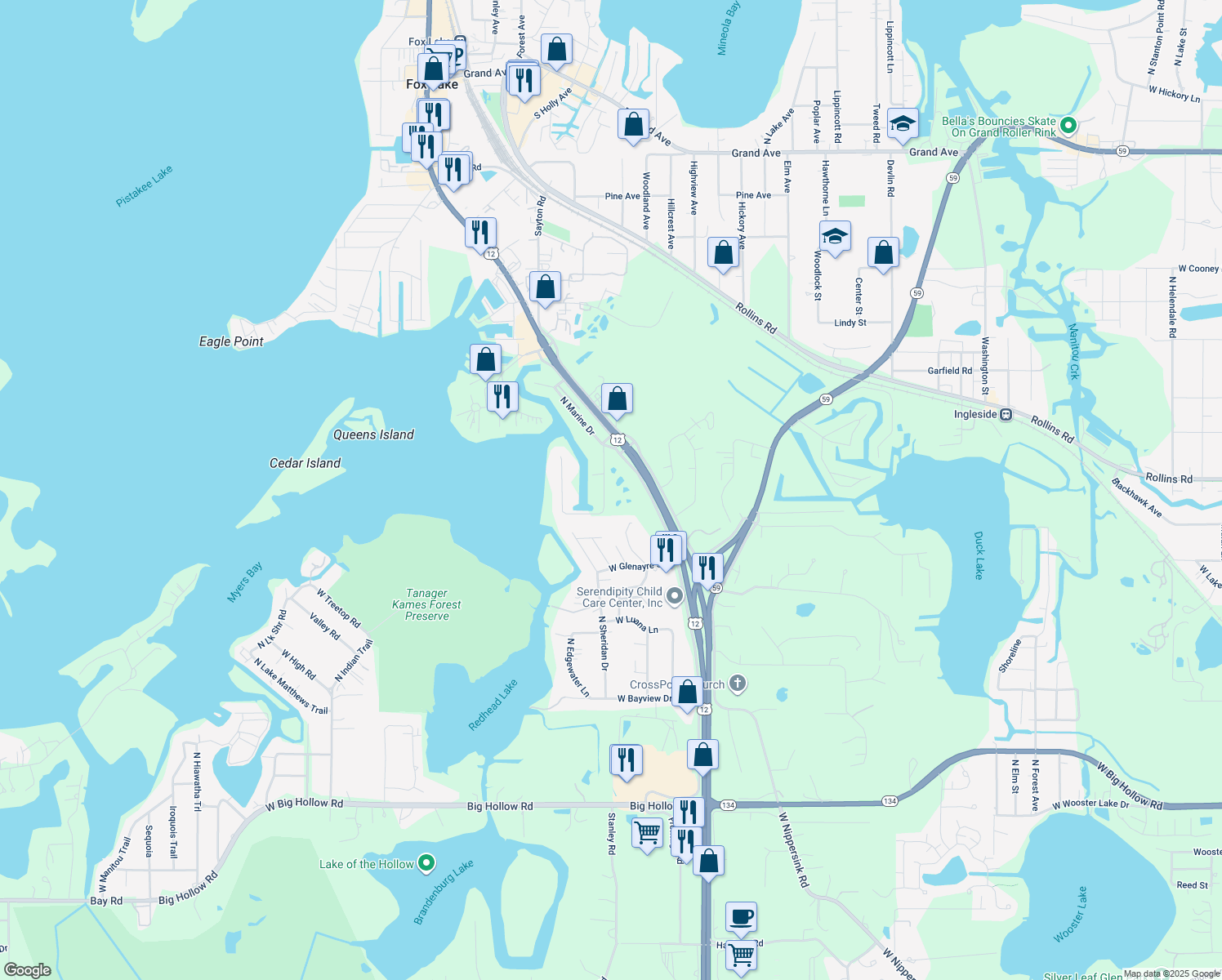 map of restaurants, bars, coffee shops, grocery stores, and more near 35597 N Marine Dr in Fox Lake